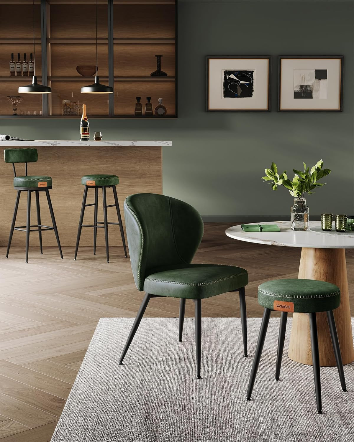 EKHO Collection - Bar Stools Set of 2, Bar Height Swivel Bar Stools with Back, Synthetic Leather with Stitching, Mid-Century Modern, 30-Inch Tall Barstools for Kitchen Home Bar, Forest Green-1