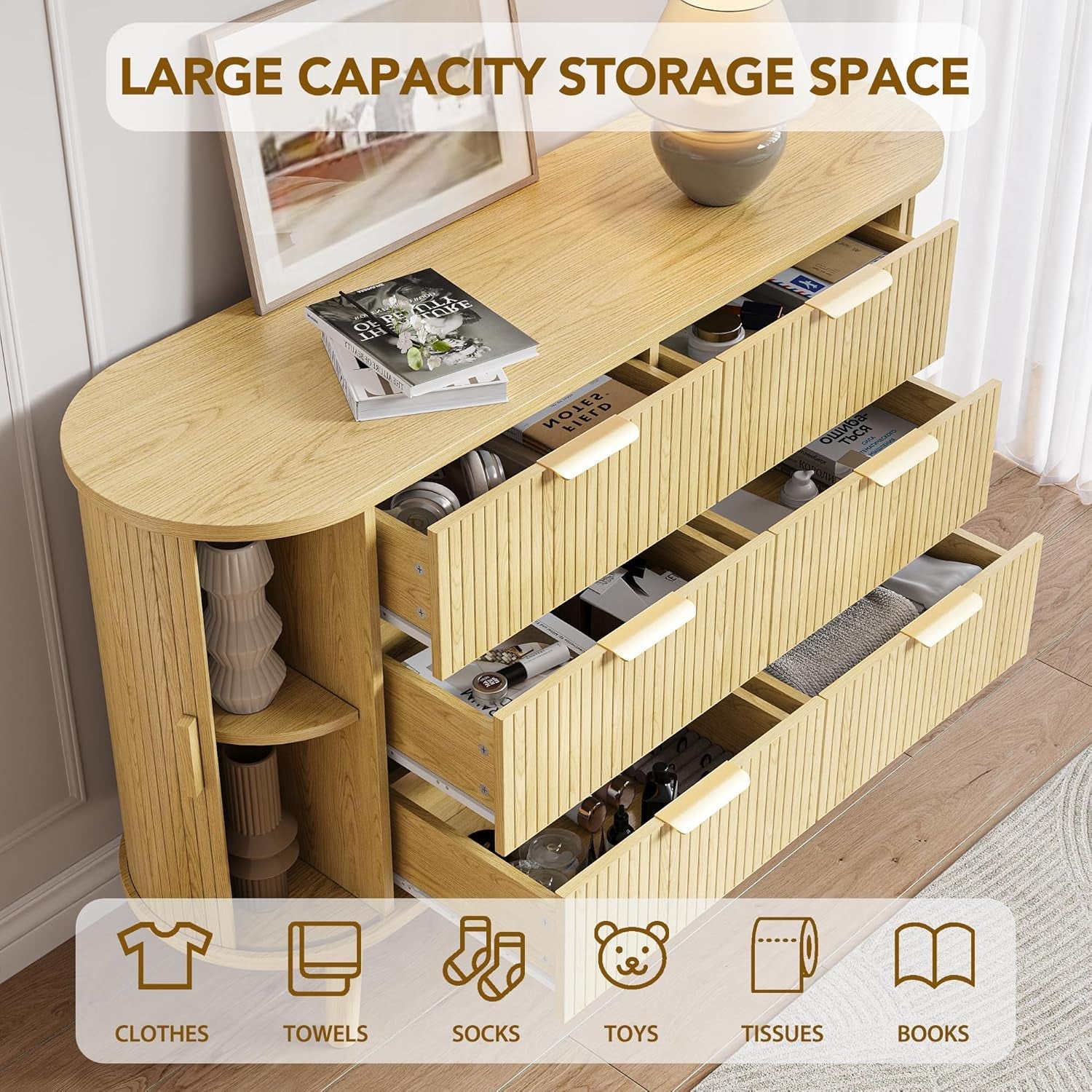 FiftyFiveInch Natural Oak Dresser With Sliding Compartments-4