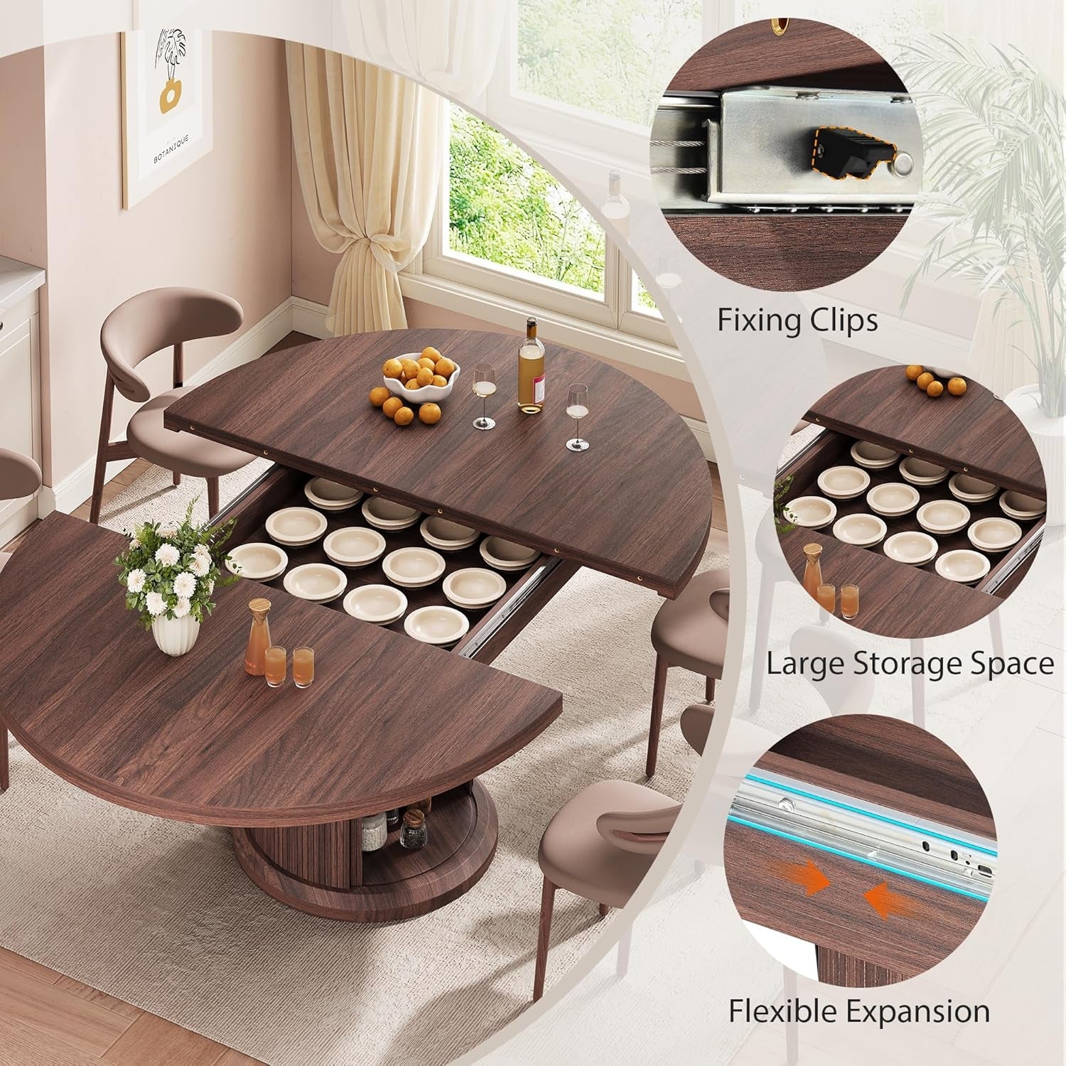Extendable Round Oval Dining Table Brown Furniture-4