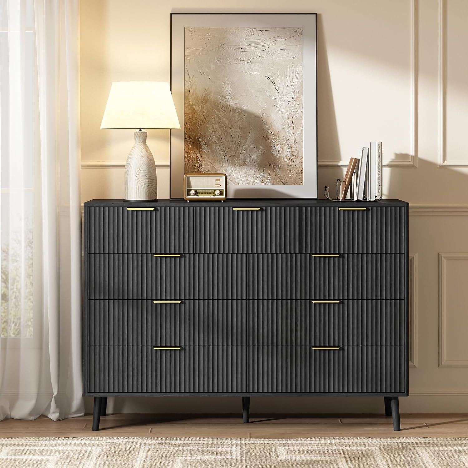 Fluted Nine Drawer Dresser FiftyFiveInch MatteBlack Organizer-3