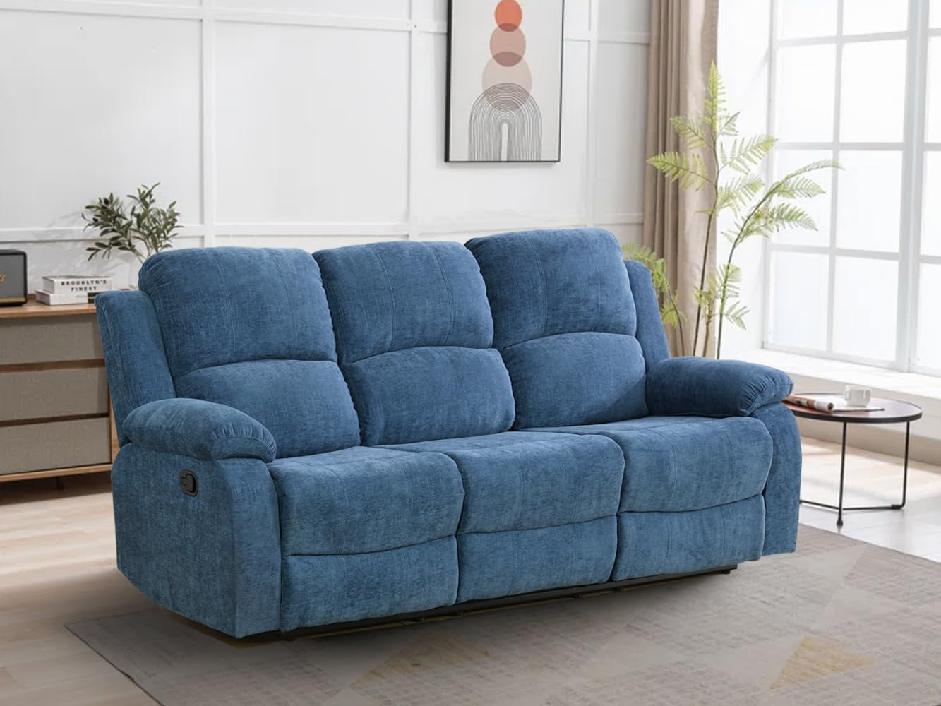 3 Seater Recliner Sofa Couch Modern Manual Reclining Sofa Fabric Reclining Sofa Living Room Couch with Dual Cup Holders and Drop down Table for Living Room/Office/Rv Car (Blue, 3 Seater Sofa)-0