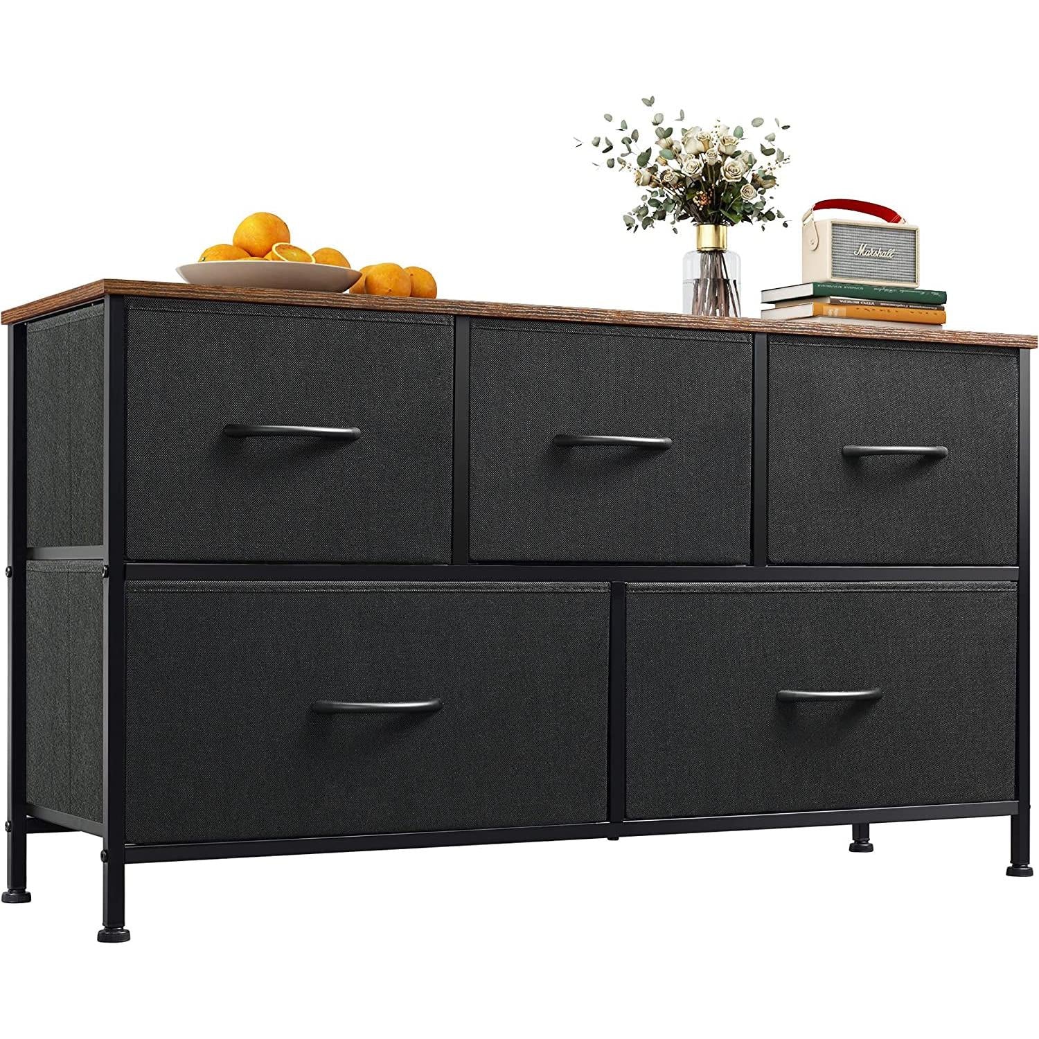 5 Drawer Fabric Dresser With Bins And Wood Top For Bedroom-1