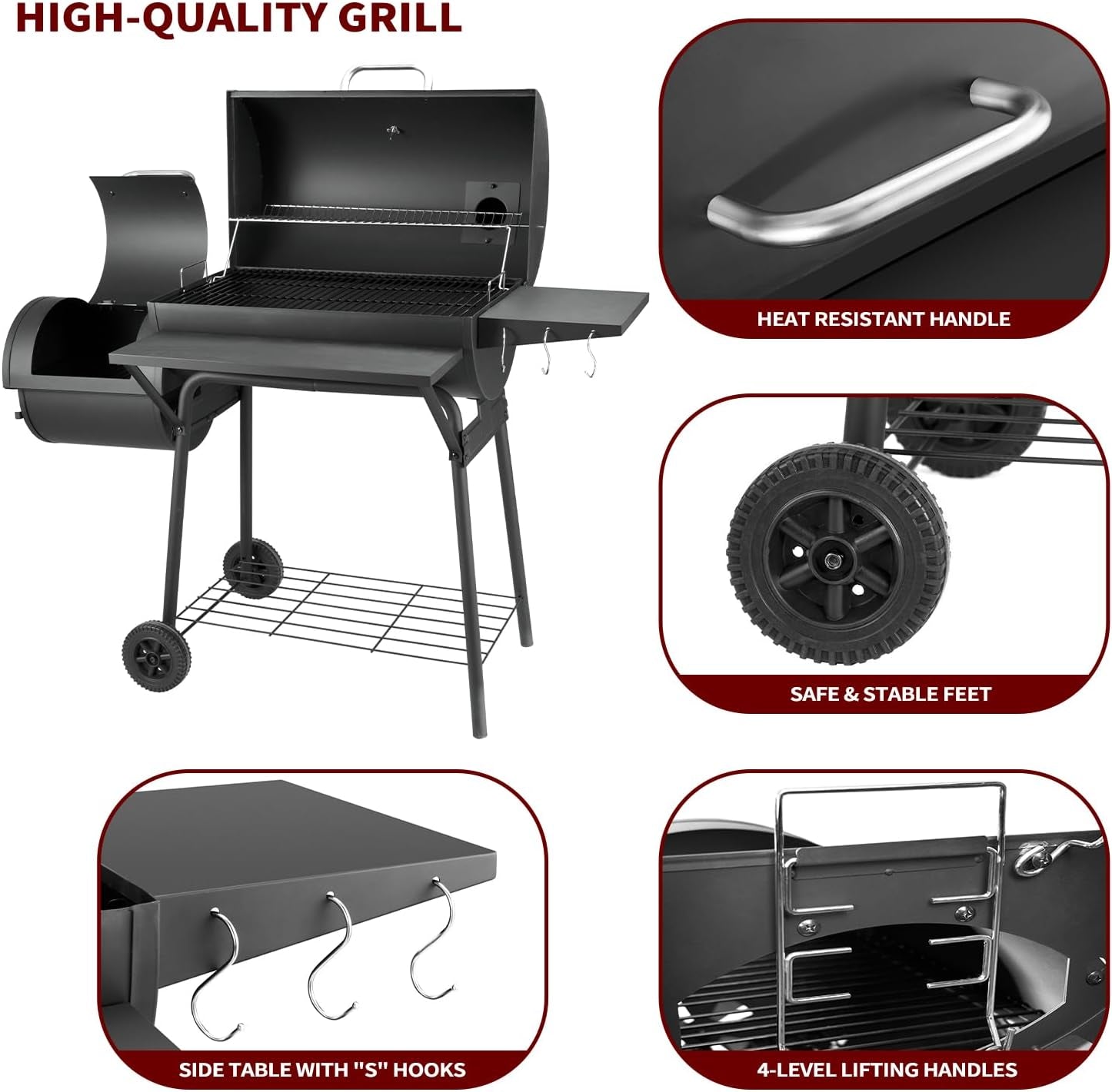 Black Charcoal Grill With Offset Smoker 714 Square Inches