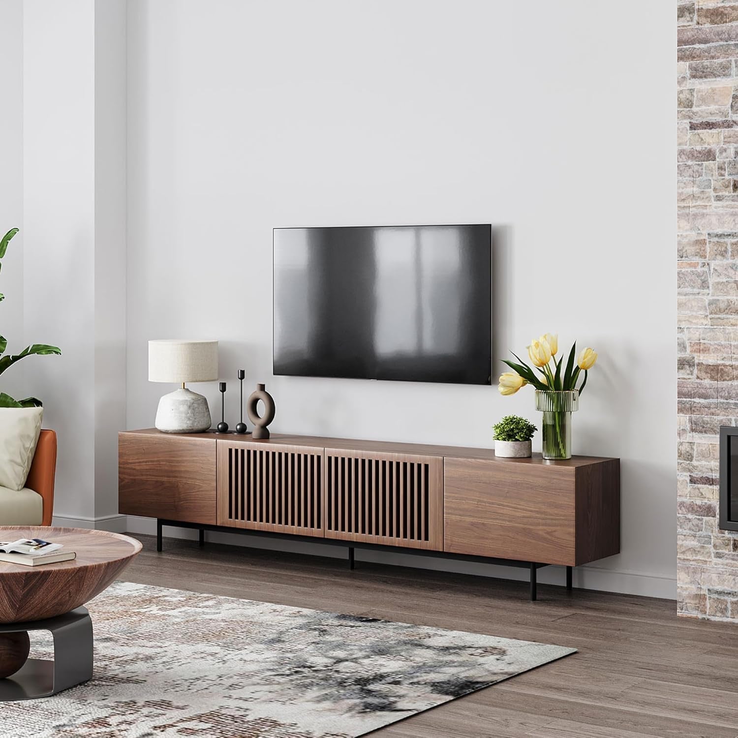 Modern Solid Wood TV Stand, Entertainment Center for 70 75+ Inch TV, Slatted Media Console TV Cabinet with Tall-Cast Metal Legs, Walnut Veneer, Fully-Assembled, 78"-2