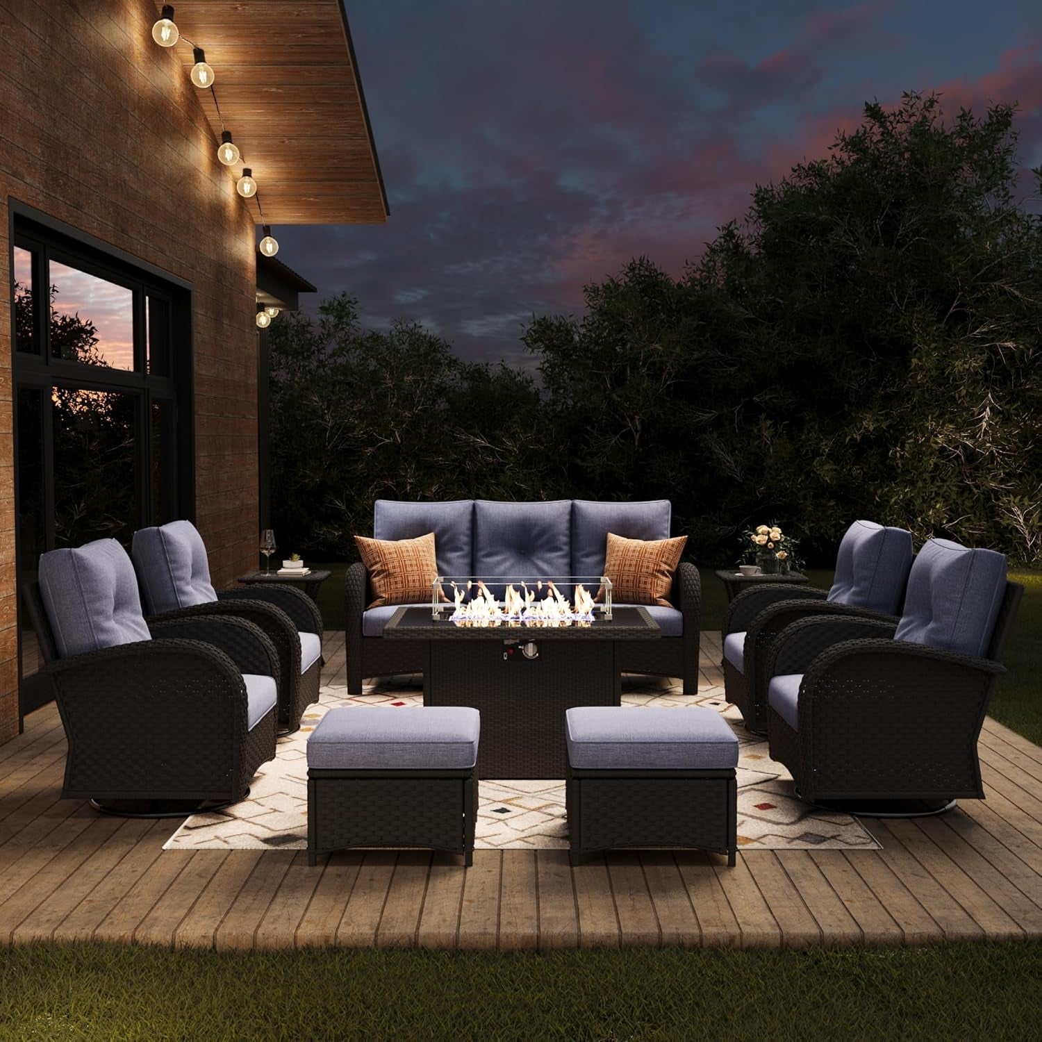 Outdoor Patio Furniture Set With Fire Pit Table 10 Piece Wicker Swivel Rocker-1
