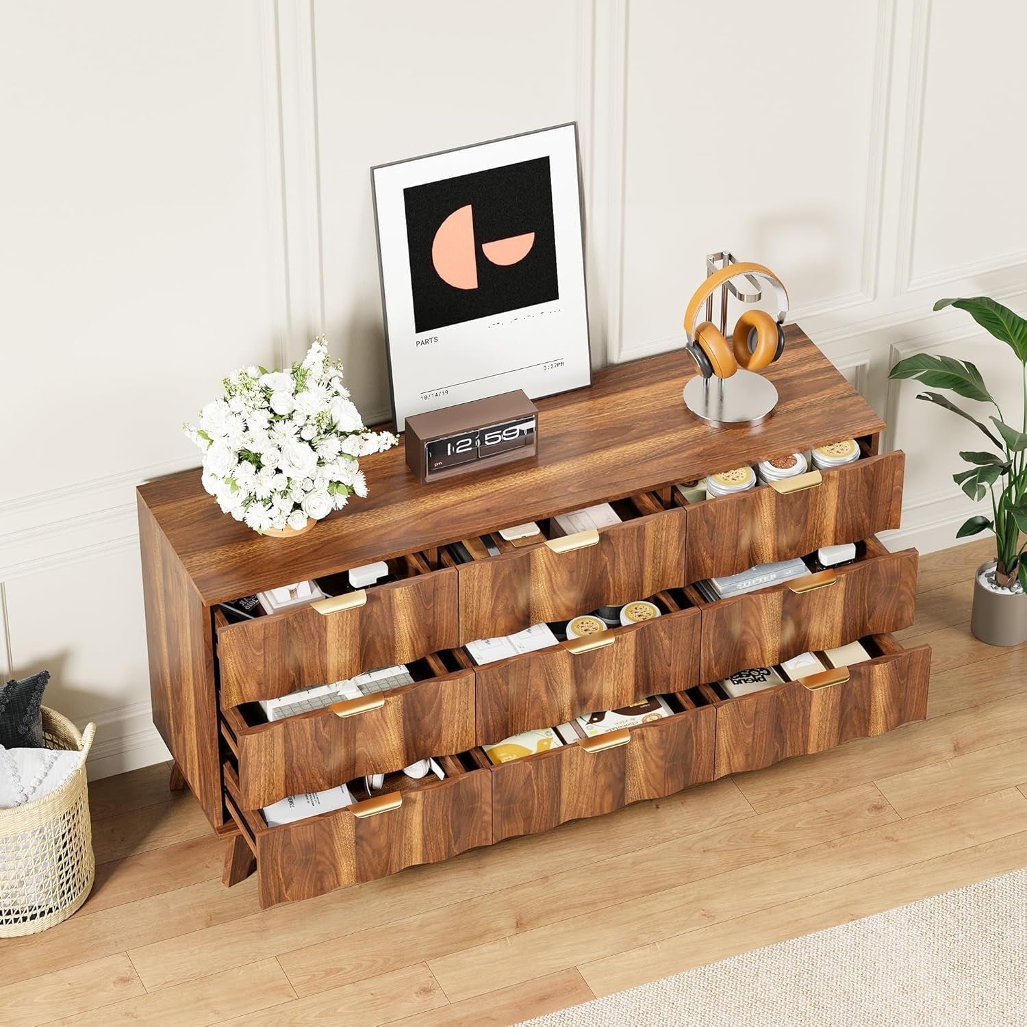 Contemporary Walnut 9 Drawer Dresser Fluted Fronts-4