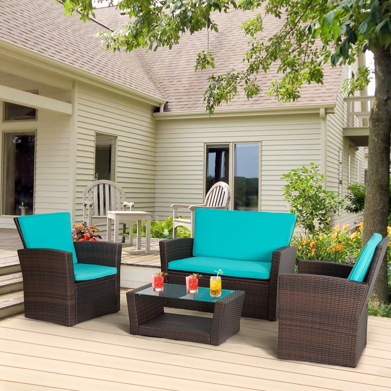 4 Piece Outdoor Patio Furniture Set Wicker Conversation-1