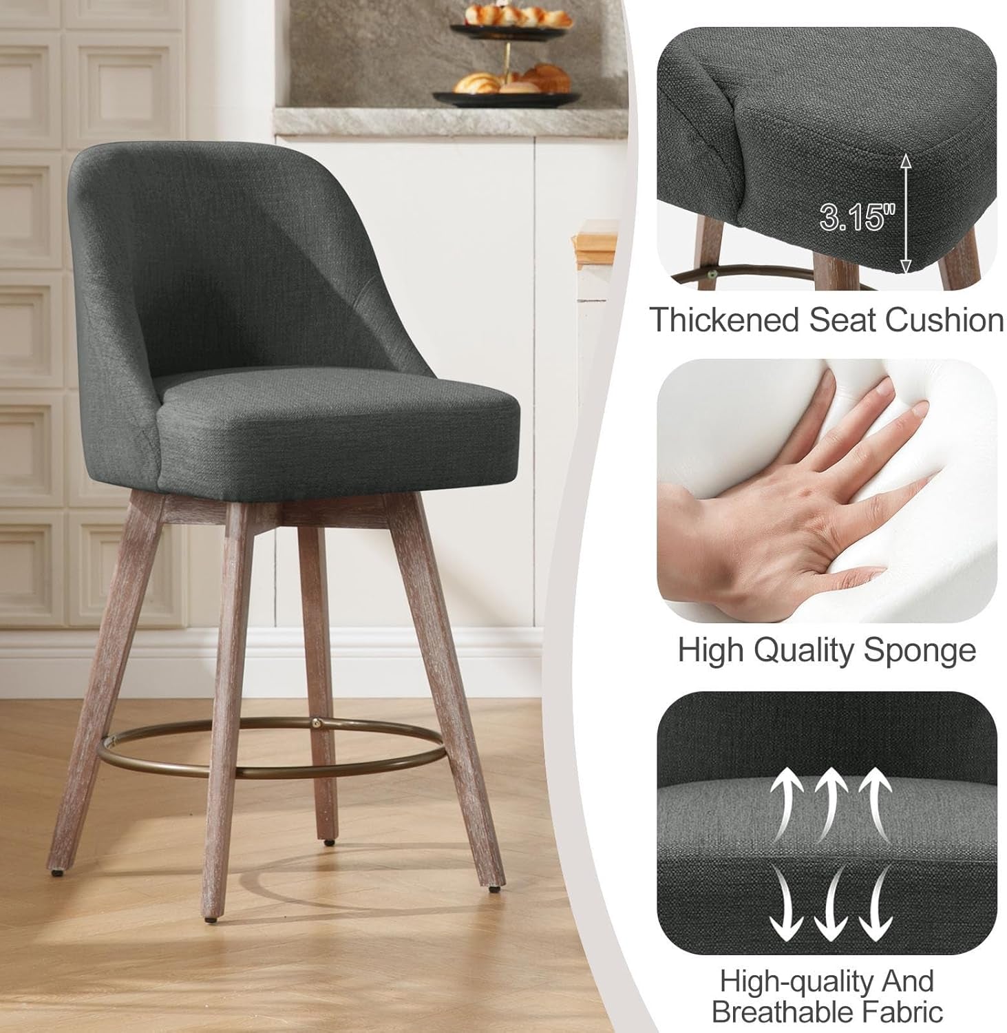 Counter Height Bar Stools Set of 4, Modern Mid-Century Swivel Barstools with Backs and Wood Legs, Linen Fabric Upholstered Bar Chairs, 26" Seat Height Counter Stools for Kitchen Island, Gray-2