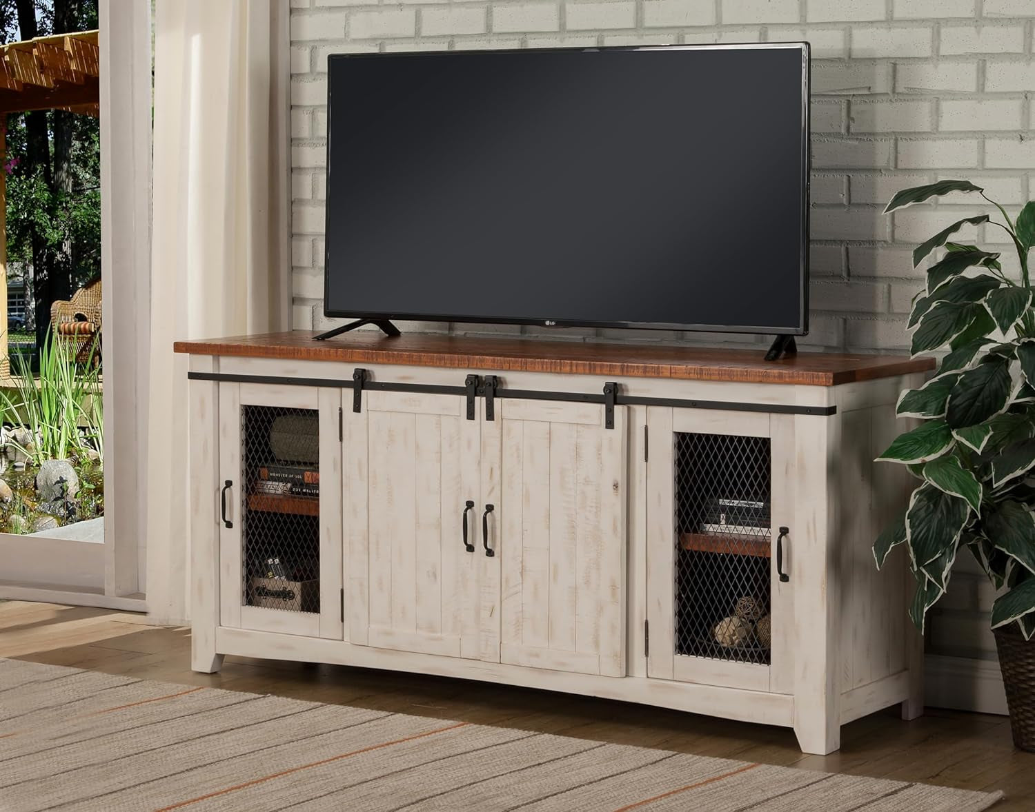 Rustic 65” Solid Wood TV Stand with Storage, White and Aged Distressed Pine-2