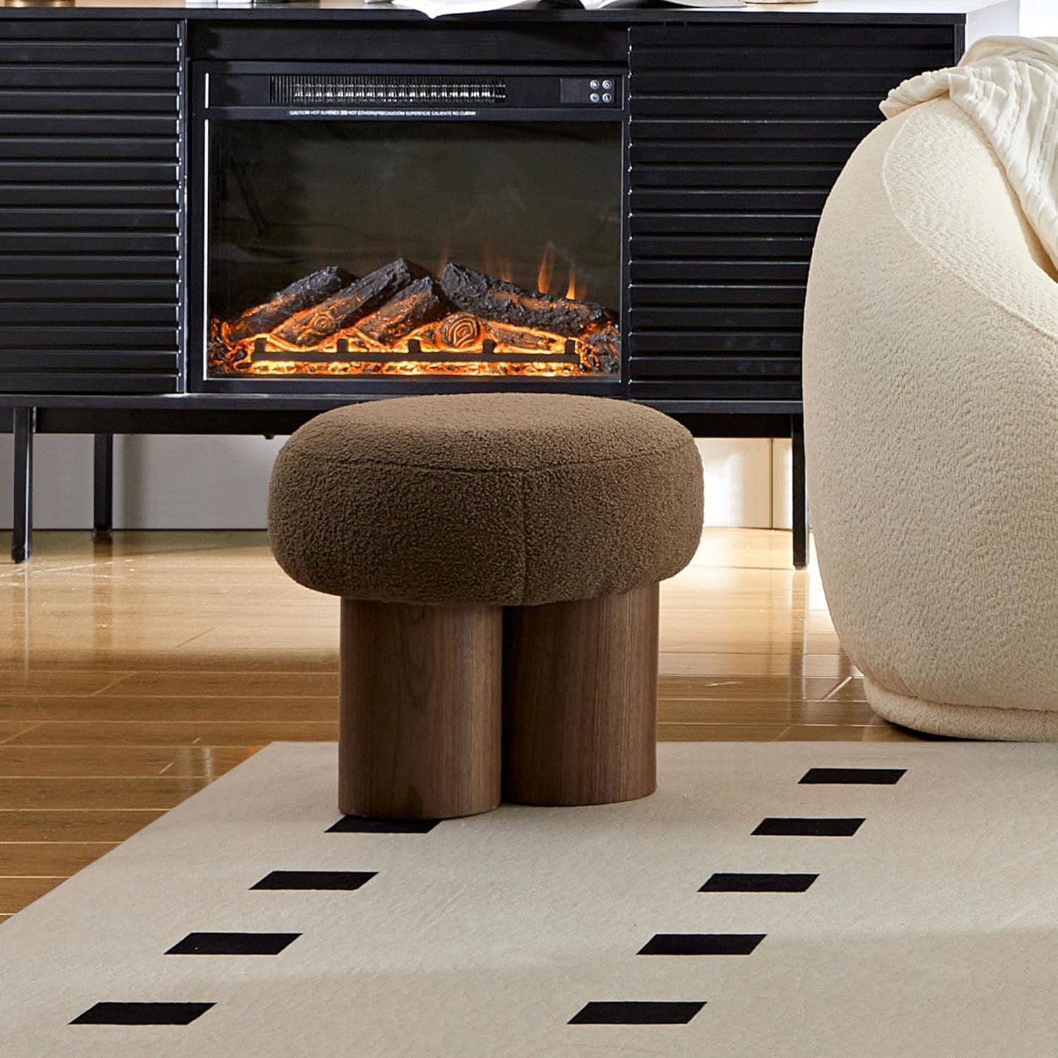 Compact Round Footstool Ottoman Brown Teddy Fabric-2