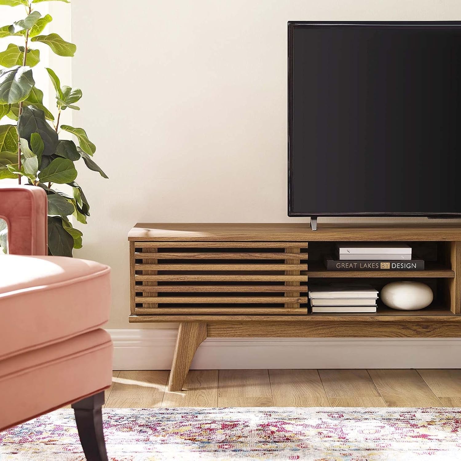 Render 70" Mid-Century Modern Low Profile Media Console TV Stand, 70 Inch, Walnut Walnut-1