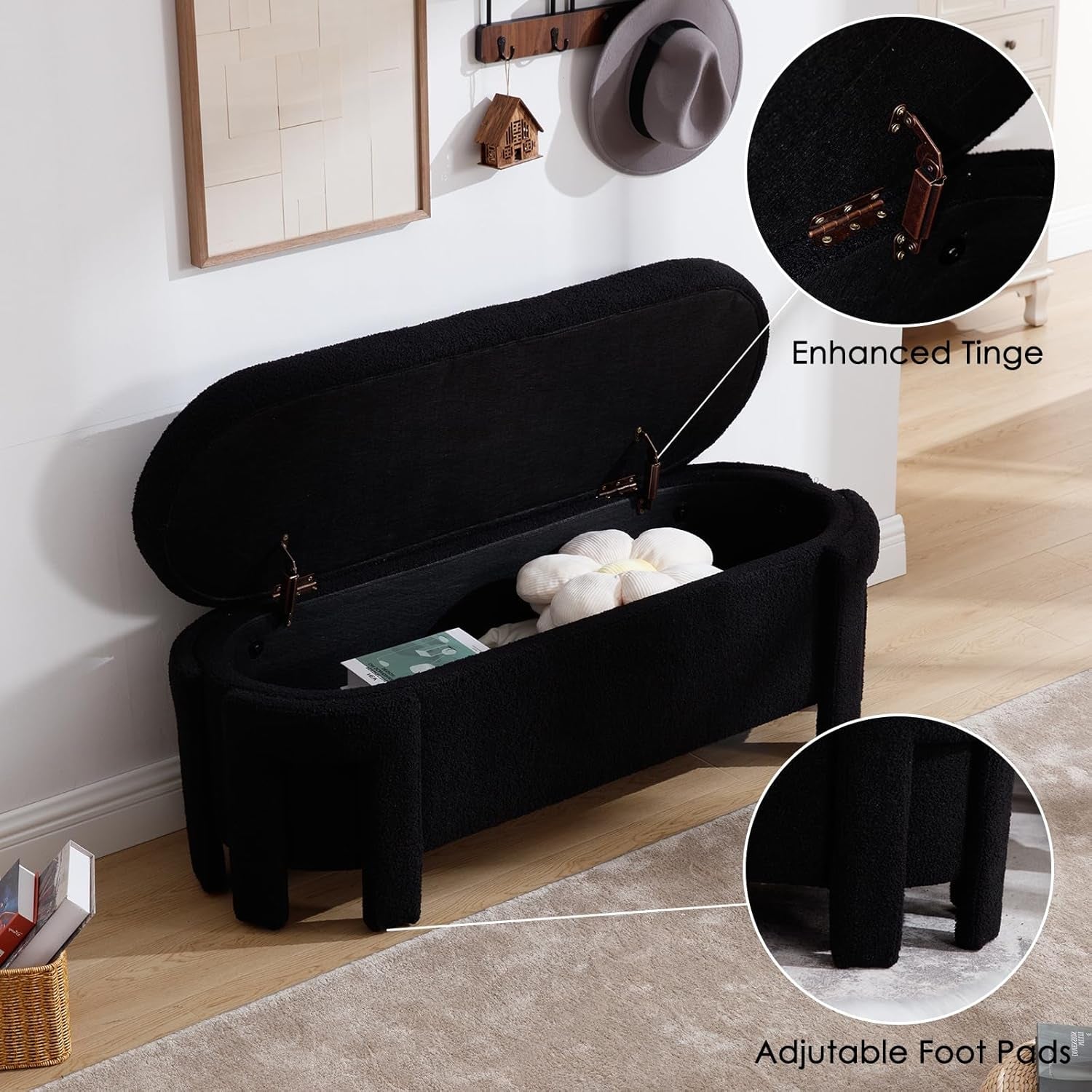FiftyInch Sherpa Black Upholstered Storage Bench Ottoman-4