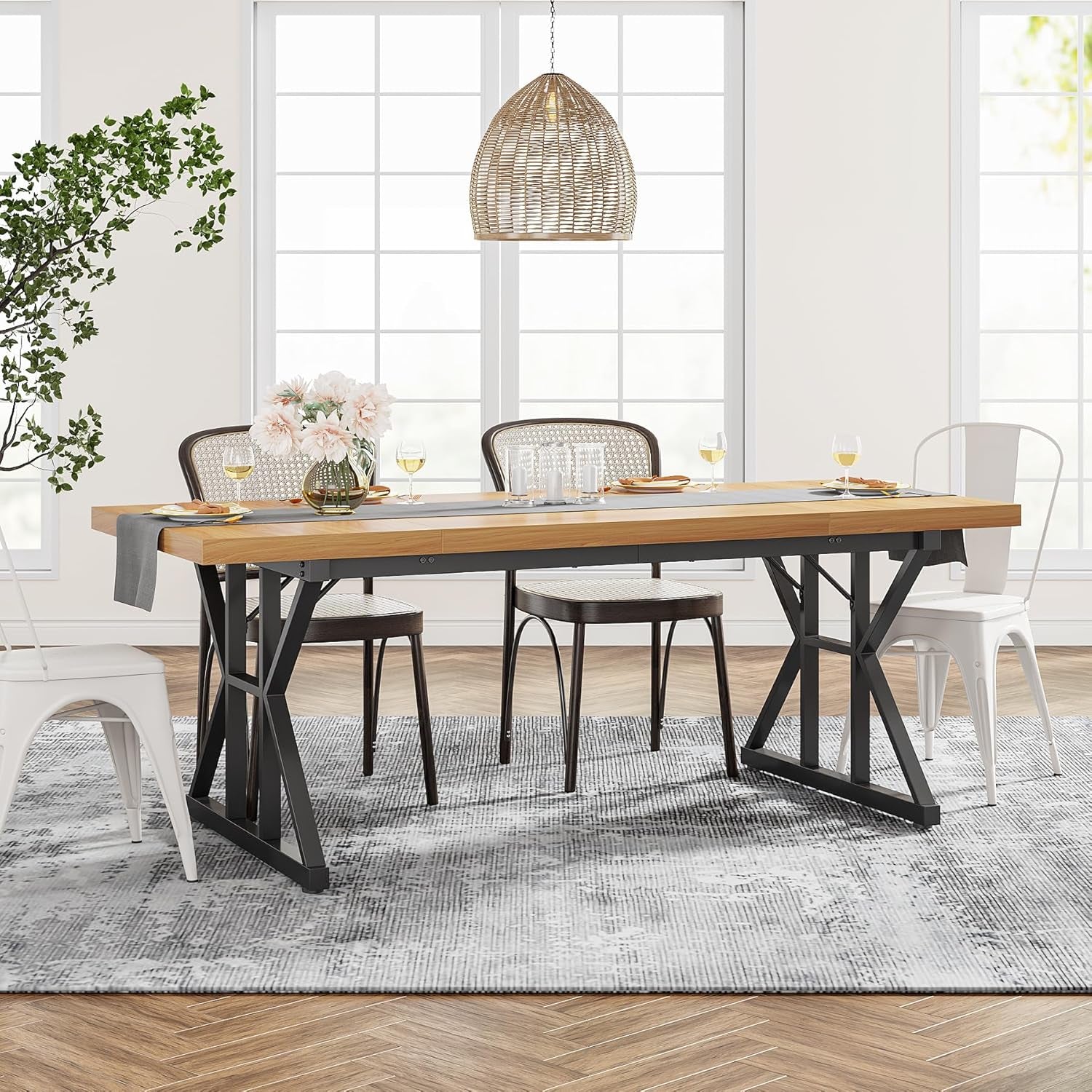 Farmhouse Dining Table for 6 People, 70.8-Inch Rectangular Wood Dining Table, Rustic Kitchen Table with Heavy Duty Metal Legs for Dining Room-3