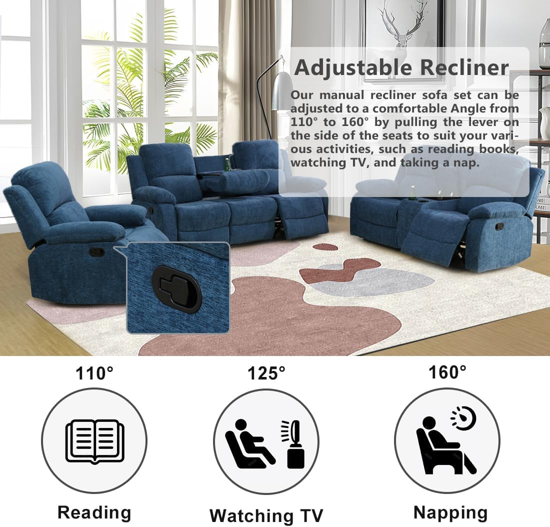 3 Seater Recliner Sofa Couch Modern Manual Reclining Sofa Fabric Reclining Sofa Living Room Couch with Dual Cup Holders and Drop down Table for Living Room/Office/Rv Car (Blue, 3 Seater Sofa)-4