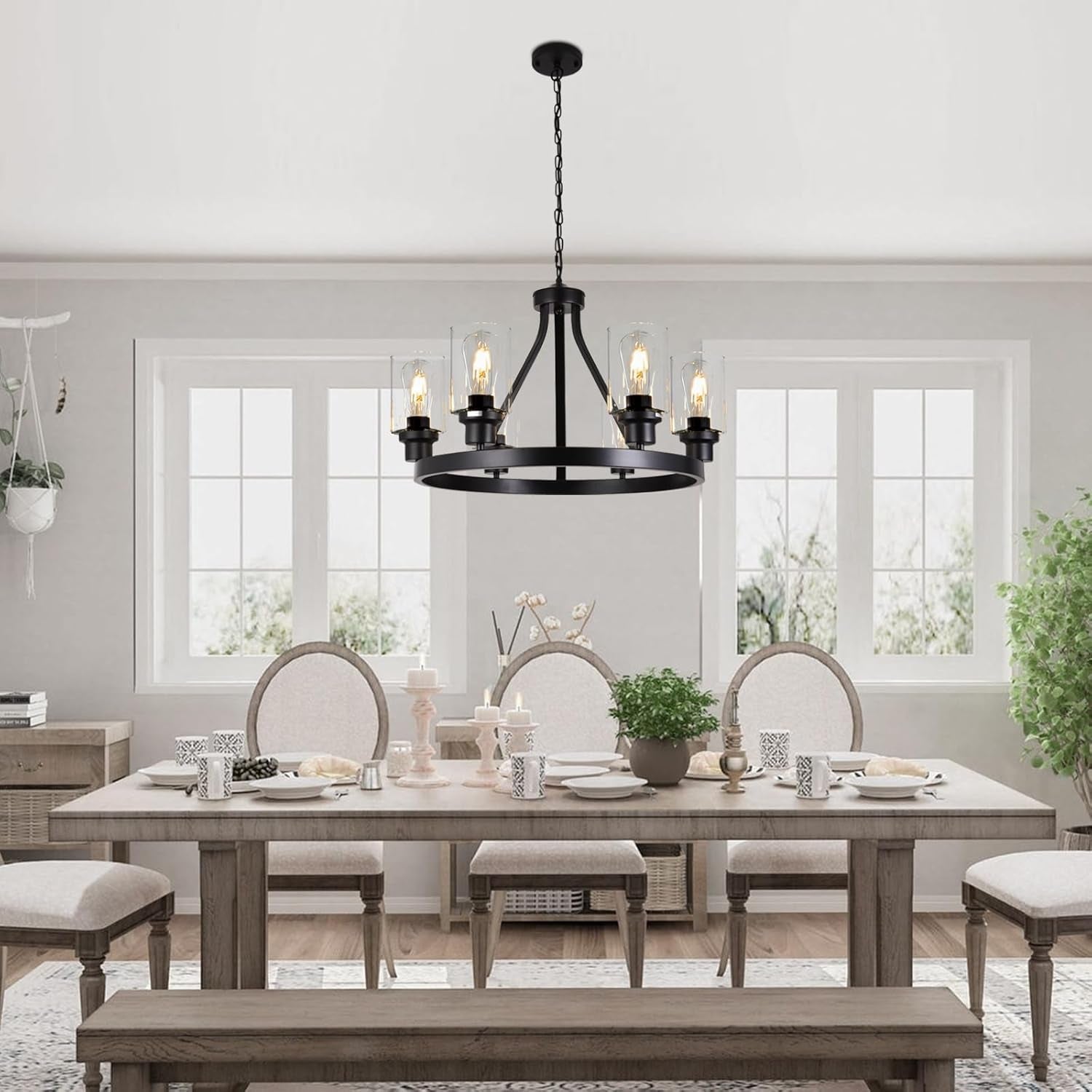 Six Light Farmhouse Black Metal Chandelier Adjustable-1