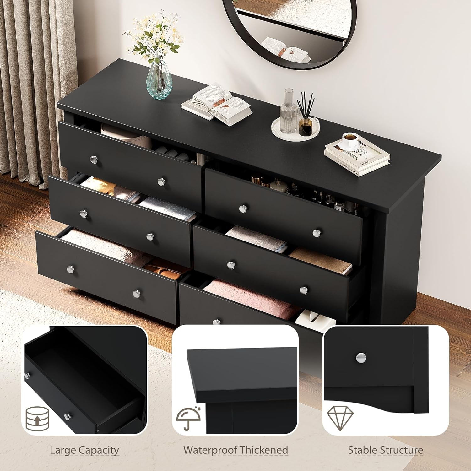 Black Dresser With Six Deep Drawers StorageSolution-2