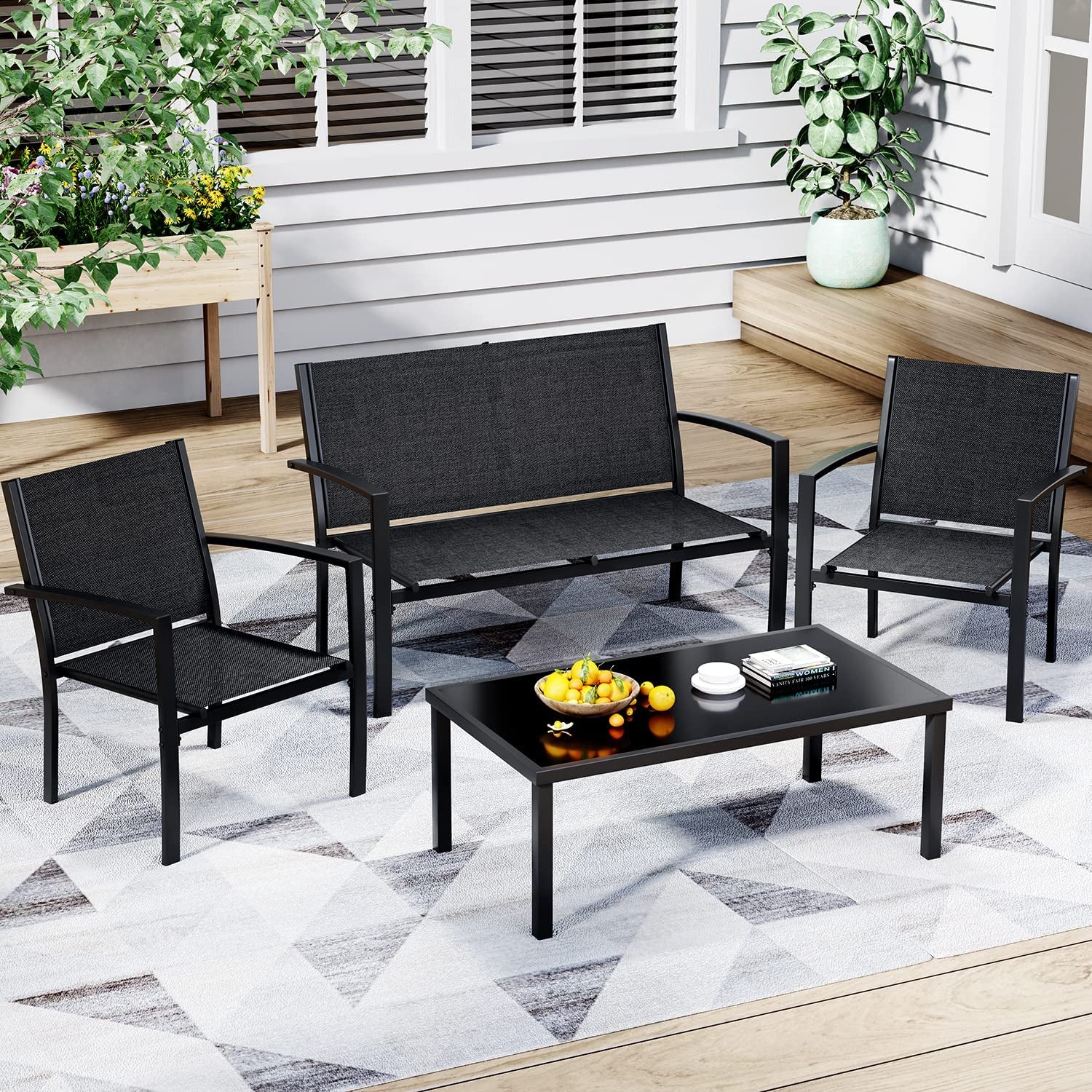 4 Piece Black Patio Furniture Set Outdoor Lounge Chairs-2