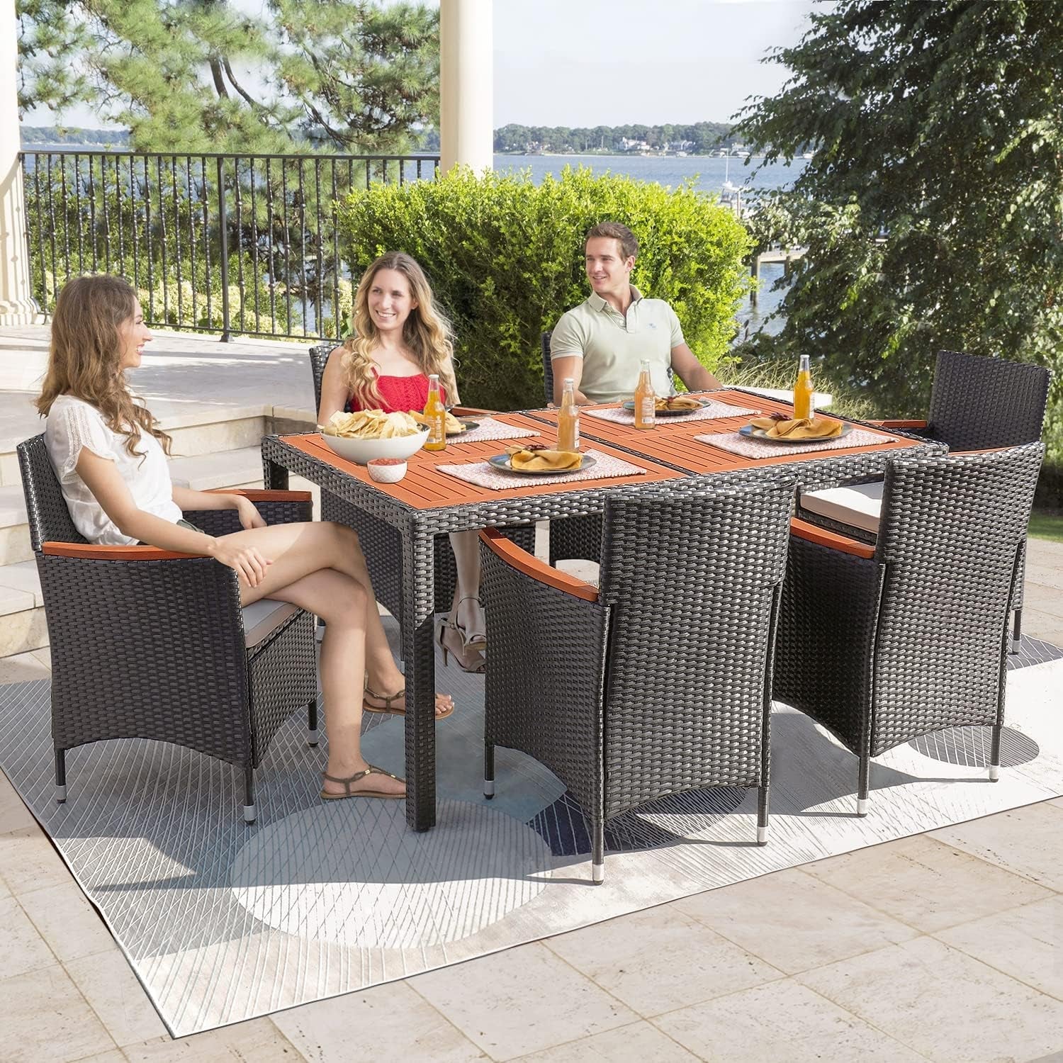 7 Piece Patio Dining Set Acacia Wood Table Wicker Chairs-1