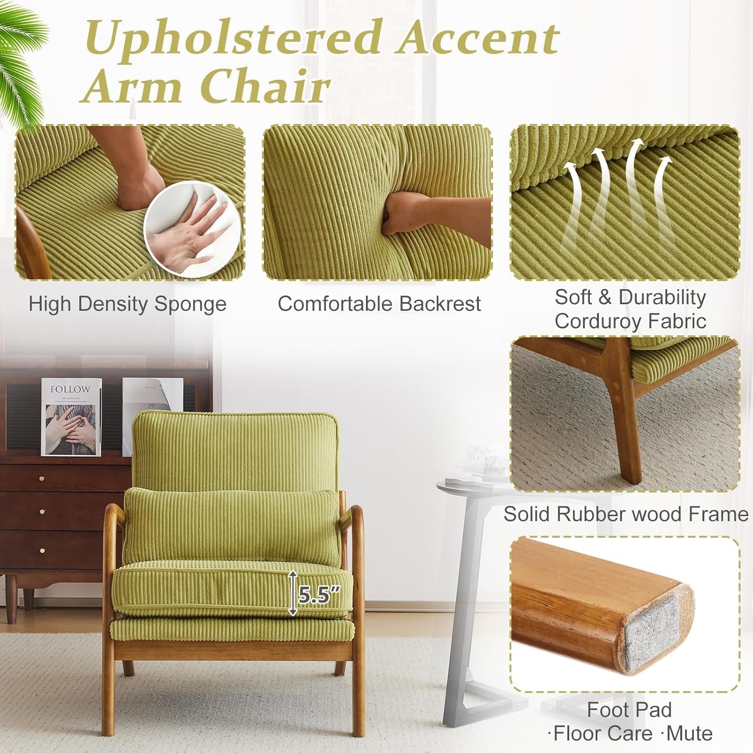 Corduroy Nightshade Green Armchair With Lumbar Pillow-4