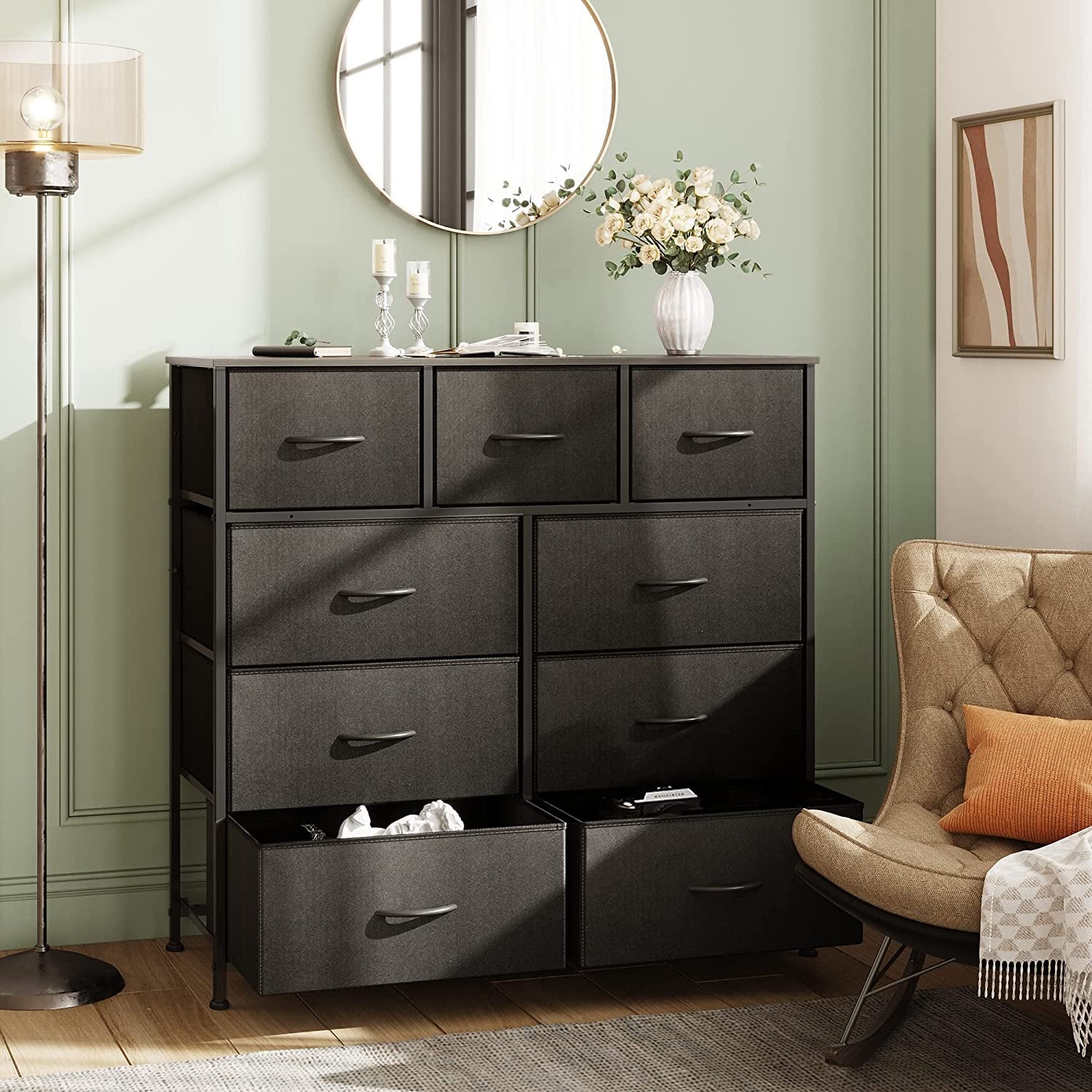 Charcoal Black 9-Drawer Fabric Dresser-3