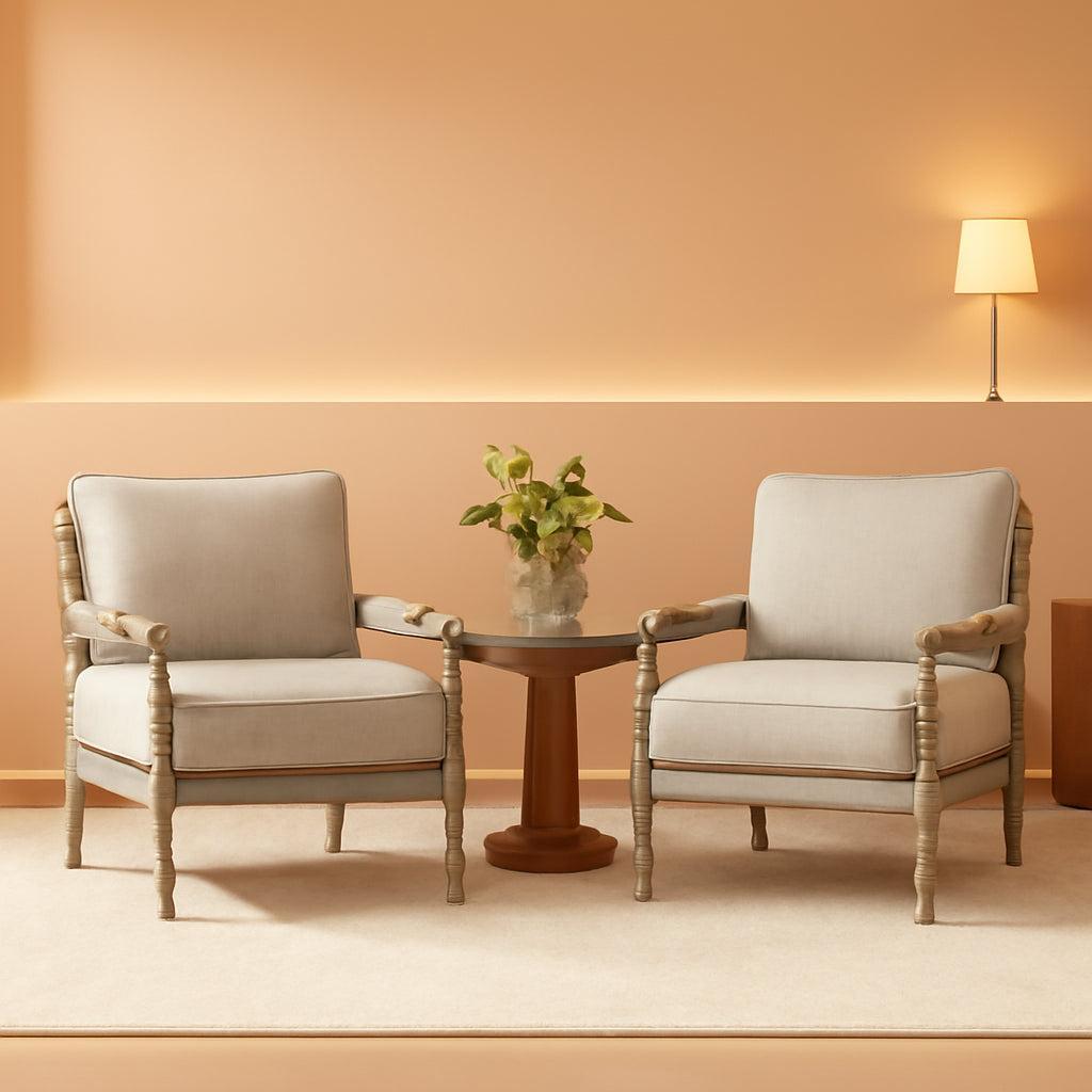 Linen Spindle Accent Chairs Set Of 2 Cushioned Armrests-0