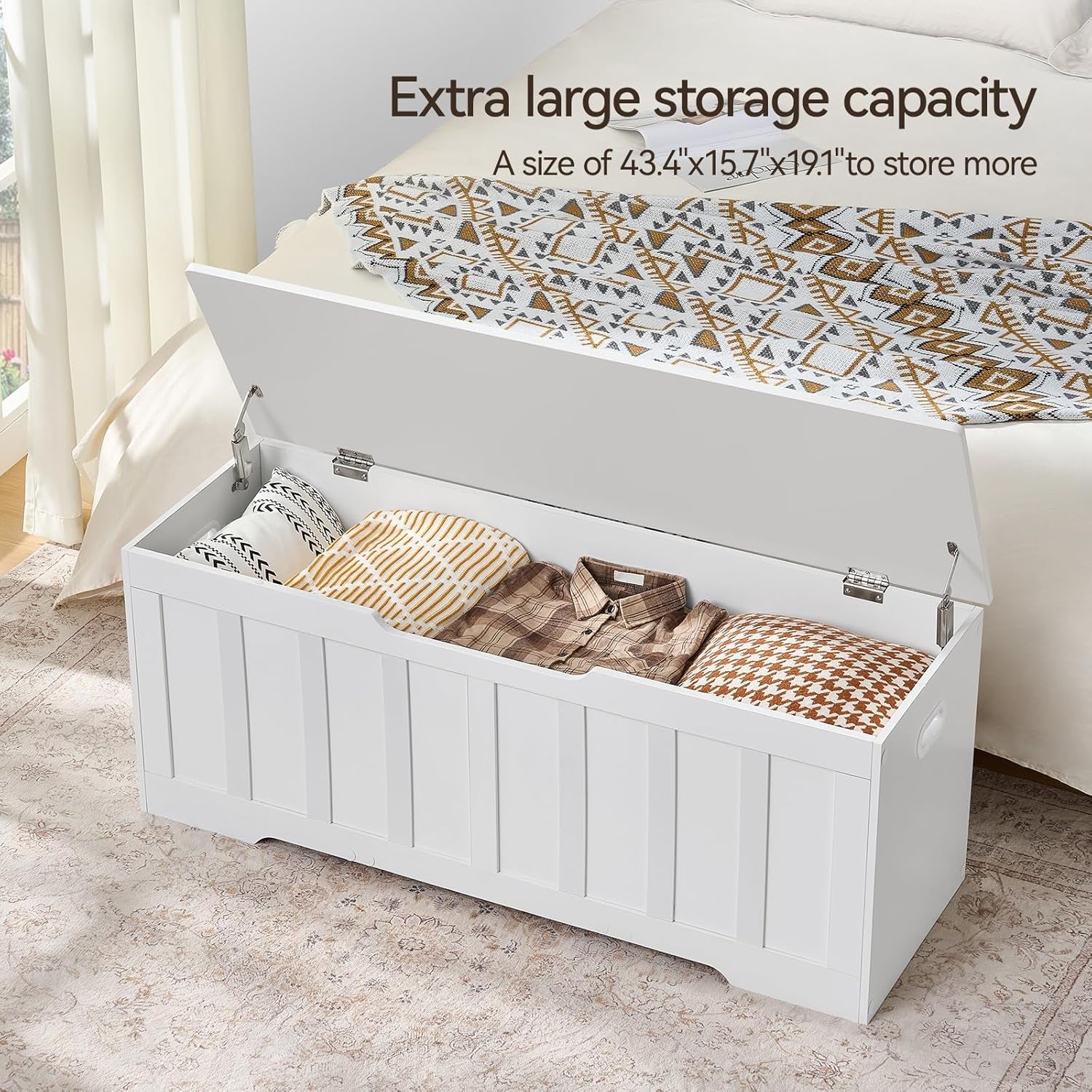 ExtraLarge Storage Chest White Wood Bench Hinges Durable-4