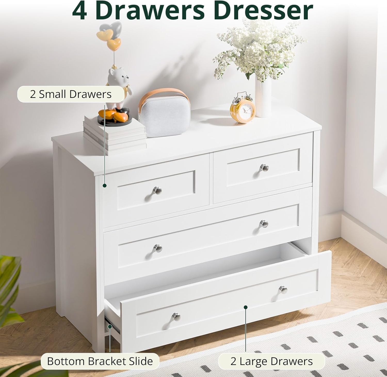 White Four Drawer Dresser With Contemporary Finish-2