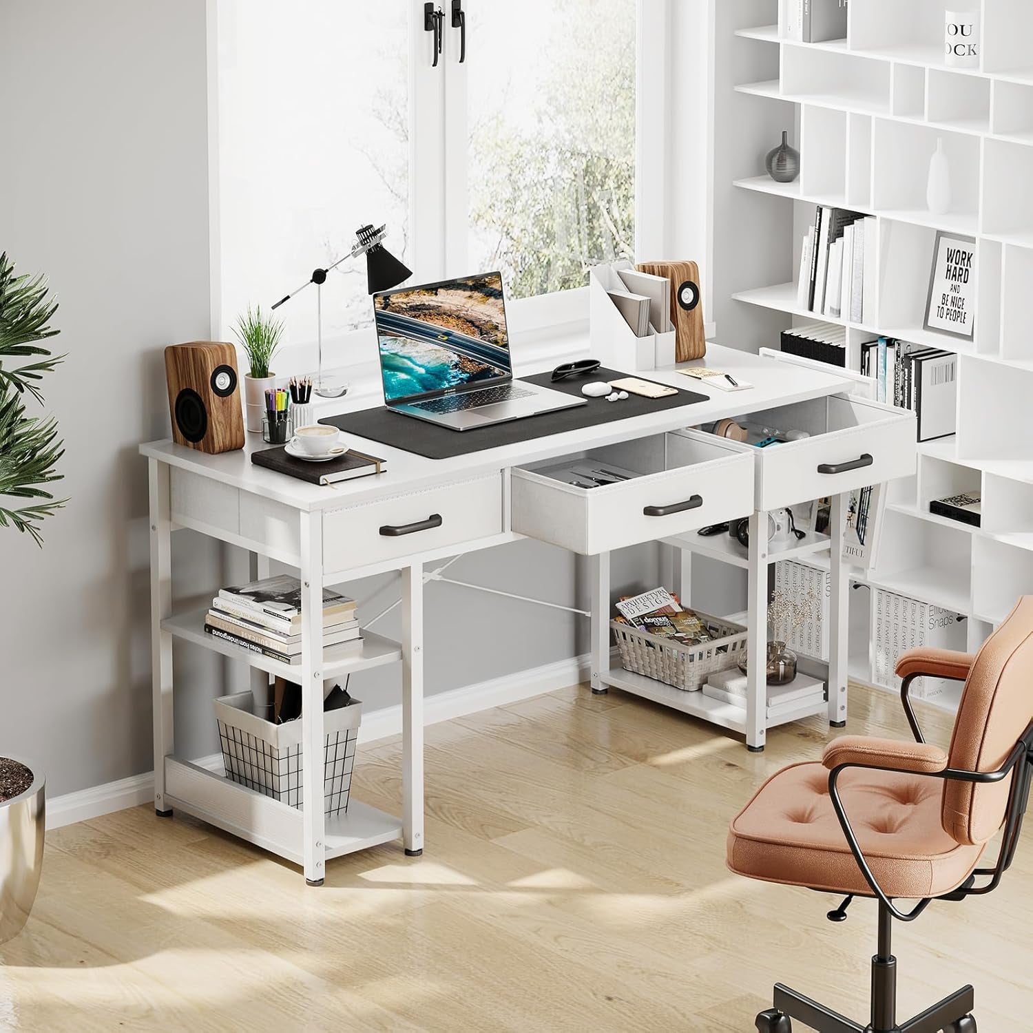 White 48 Inch Contemporary Premier Desk With Drawers