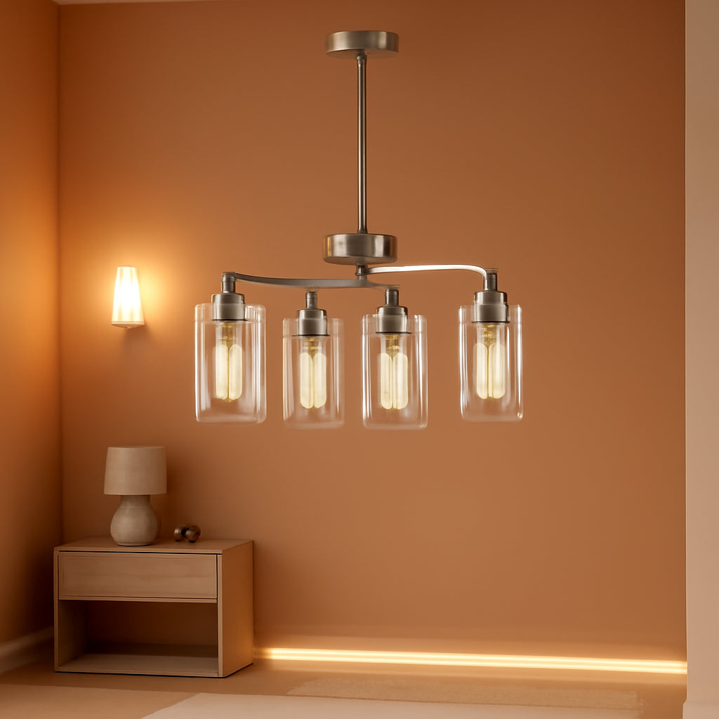 Six Light Brushed Nickel Industrial Glass Chandelier-0