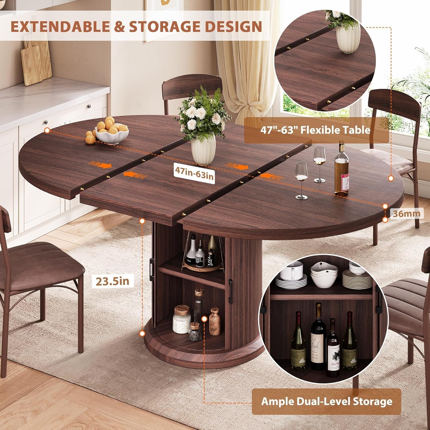 Extendable Round Oval Dining Table Brown Furniture-3