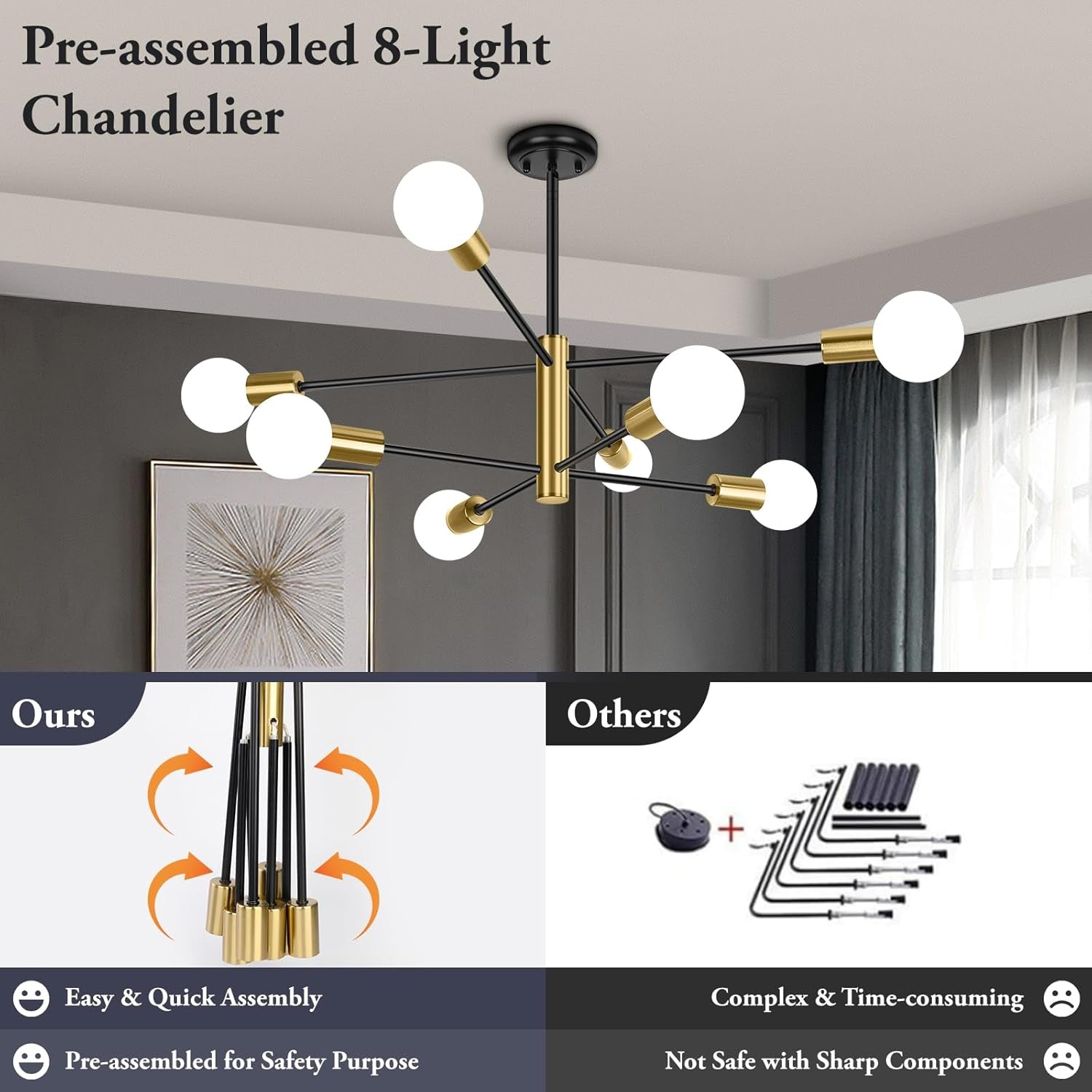 Eight Light Modern Sputnik Chandelier Black And Gold-3