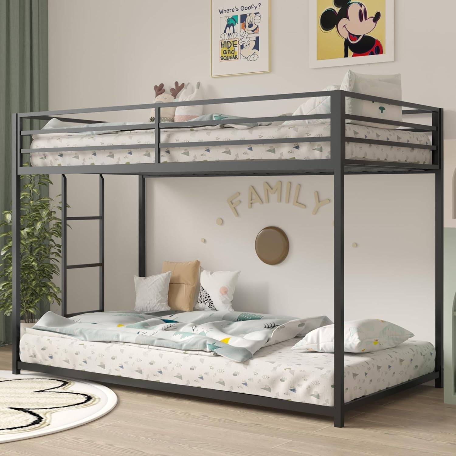 Twin Bunk Bed with Stable Ladder, Twin over Bed Frame with Full-Length Guardrail, Low Platform Bed Frame for Adults, Teens, Boys,Girls, No Box Spring Needed, Black-2