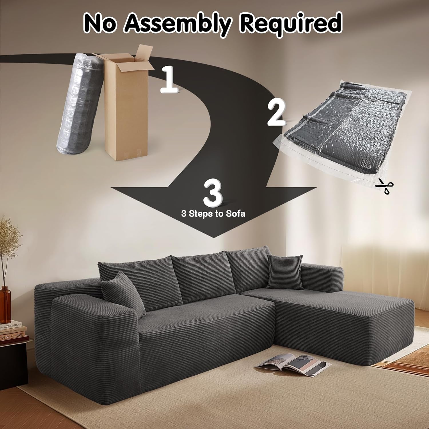 104" Cloud Sectionl Couch with L-Shpe Chise,Modern Modulr Sof with Deep Set, Upholstered Couches for Living Room Bedroom,No ssembly Required, Grey (Corduroy Fbric)-3