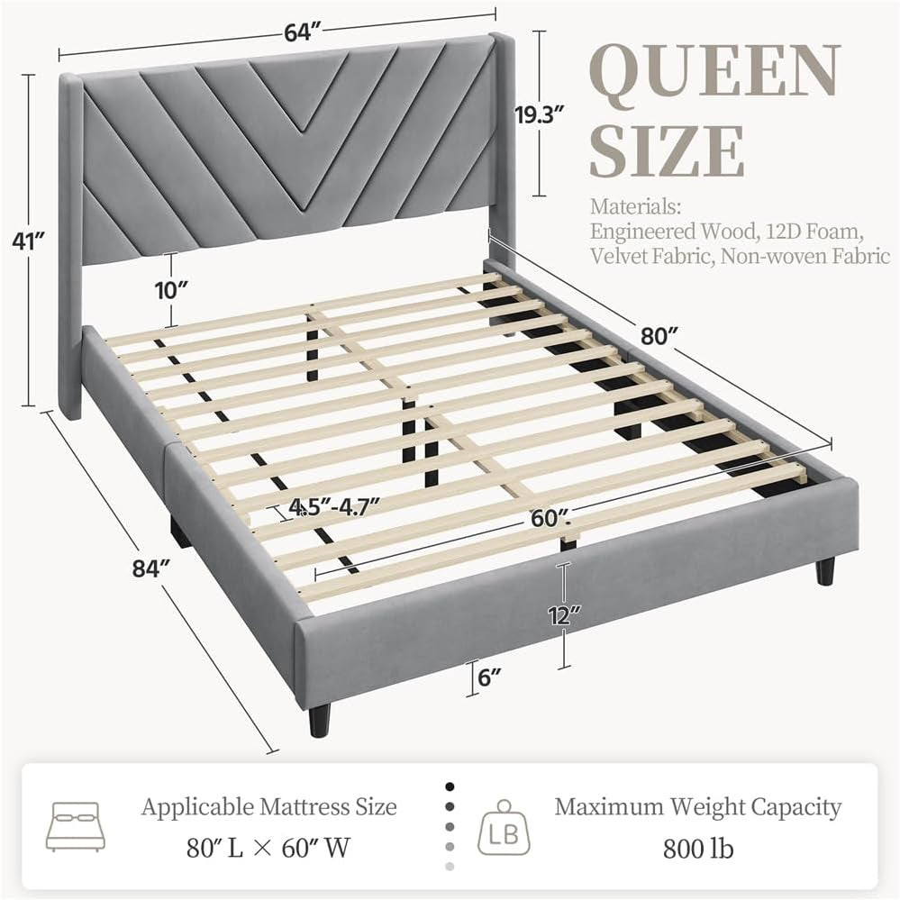 Queen Bed Frame Upholstered Platform Bed with Wing Side/Wooden Slat Support/Tufted Headboard with Wing Side/Mattress Foundation/No Box Spring Needed,Light Gray Queen Bed-1