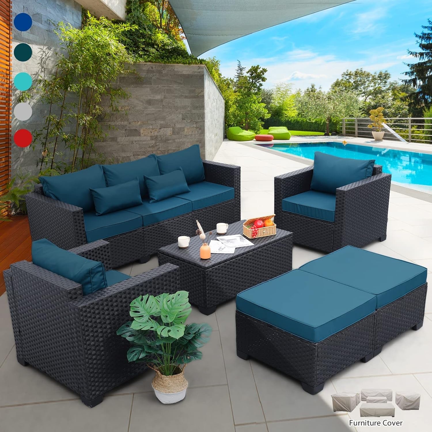 Patio Furniture Set 6 Pieces Peacock Blue Cushions Included-1