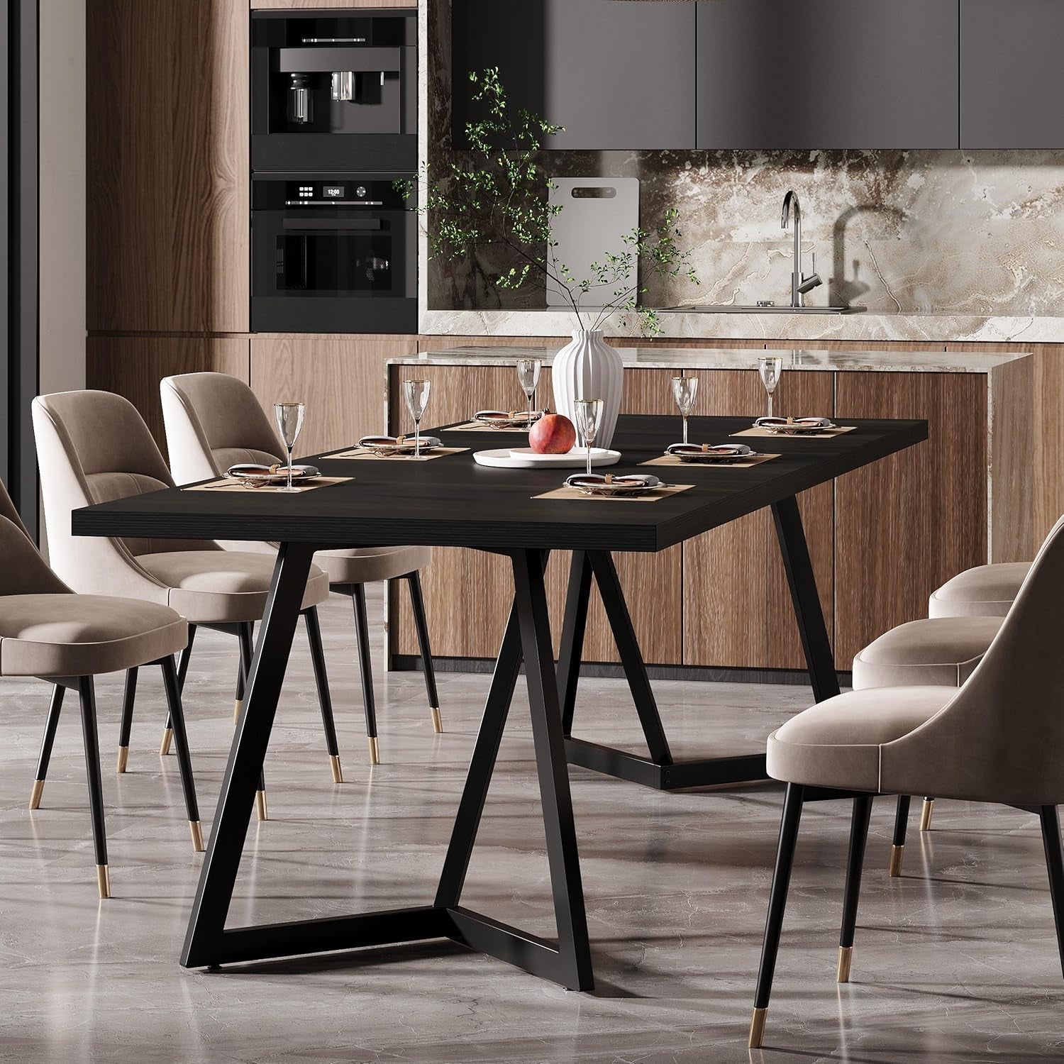 70.86-Inch Large Dining Table for 4-6, Modern Black Dining Room Table with Metal Frame, Rectangular Kitchen Dinner Table for Home Dining Room Family-4