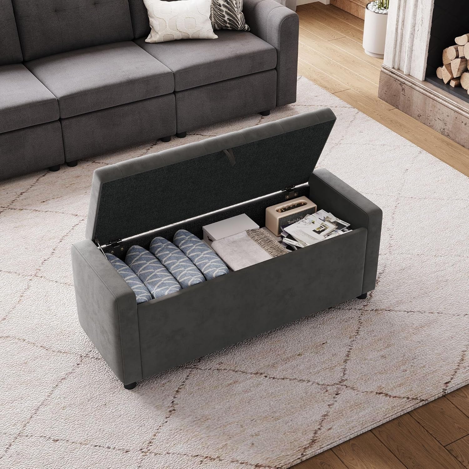 50 Inch Grey Luxurious Upholstered Storage Ottoman-2