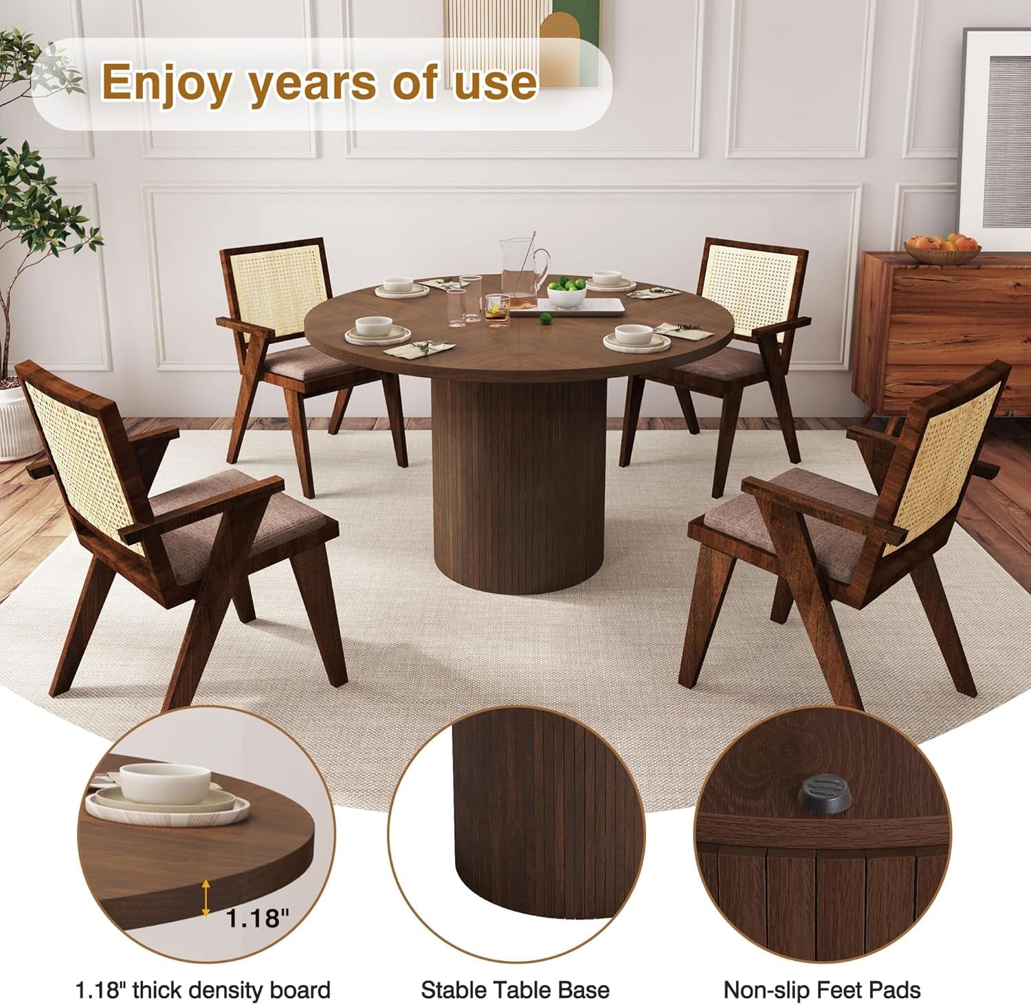 47 Inch round Dining Table, Farmhouse Fluted Dining Kitchen Table, Modern Wood Small Circle Dining Table for Kitchen Living Room, Walnut-3