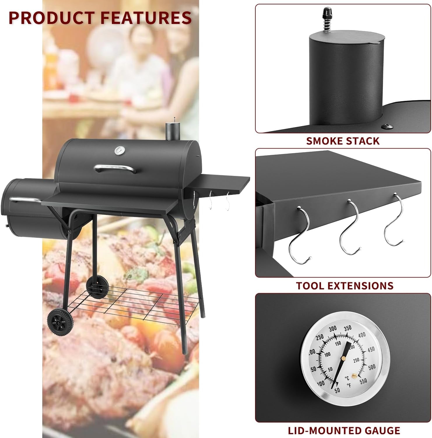 Black Charcoal Grill With Offset Smoker 714 Square Inches