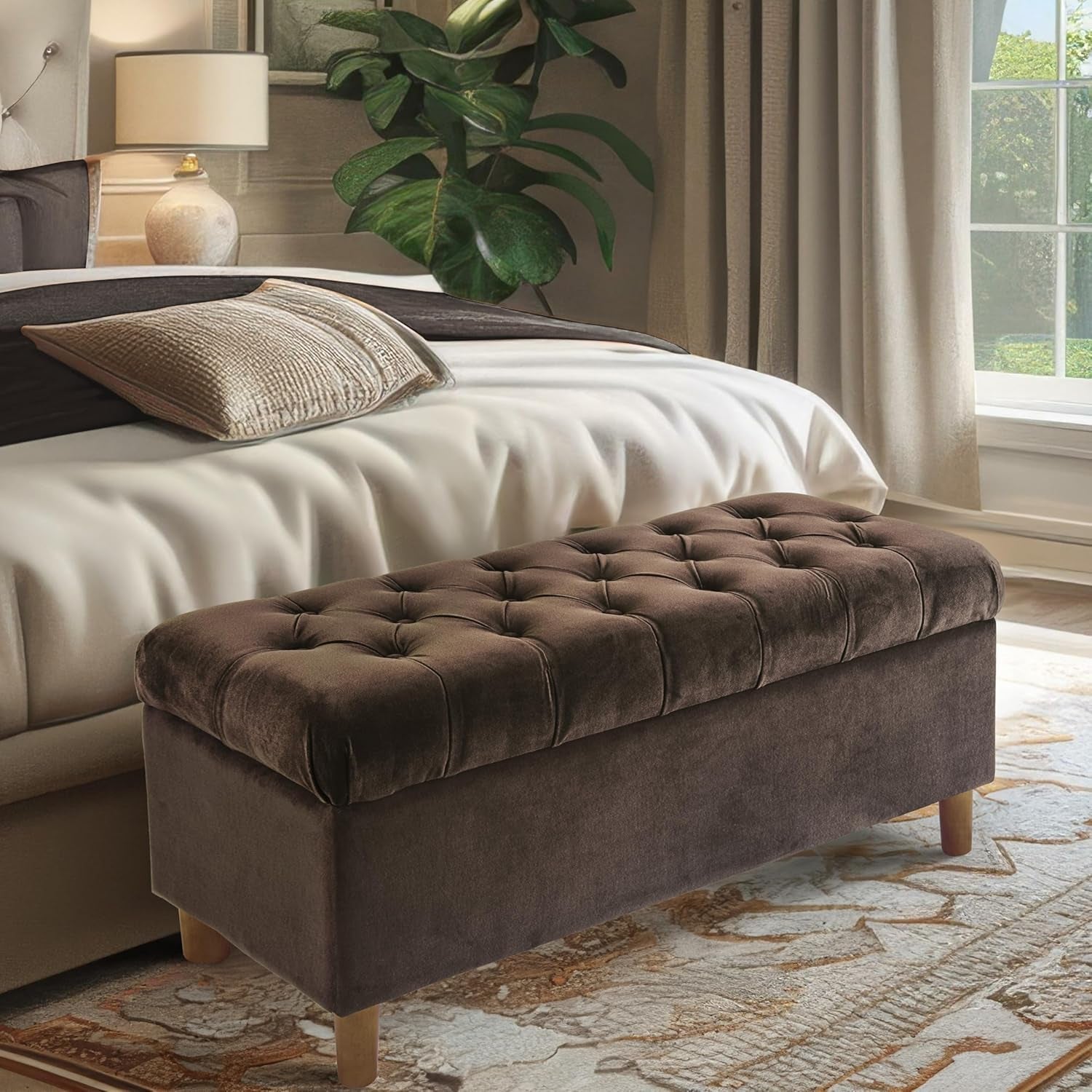 Tufted Storage Ottoman Bench Chocolate Brown Velvet-1