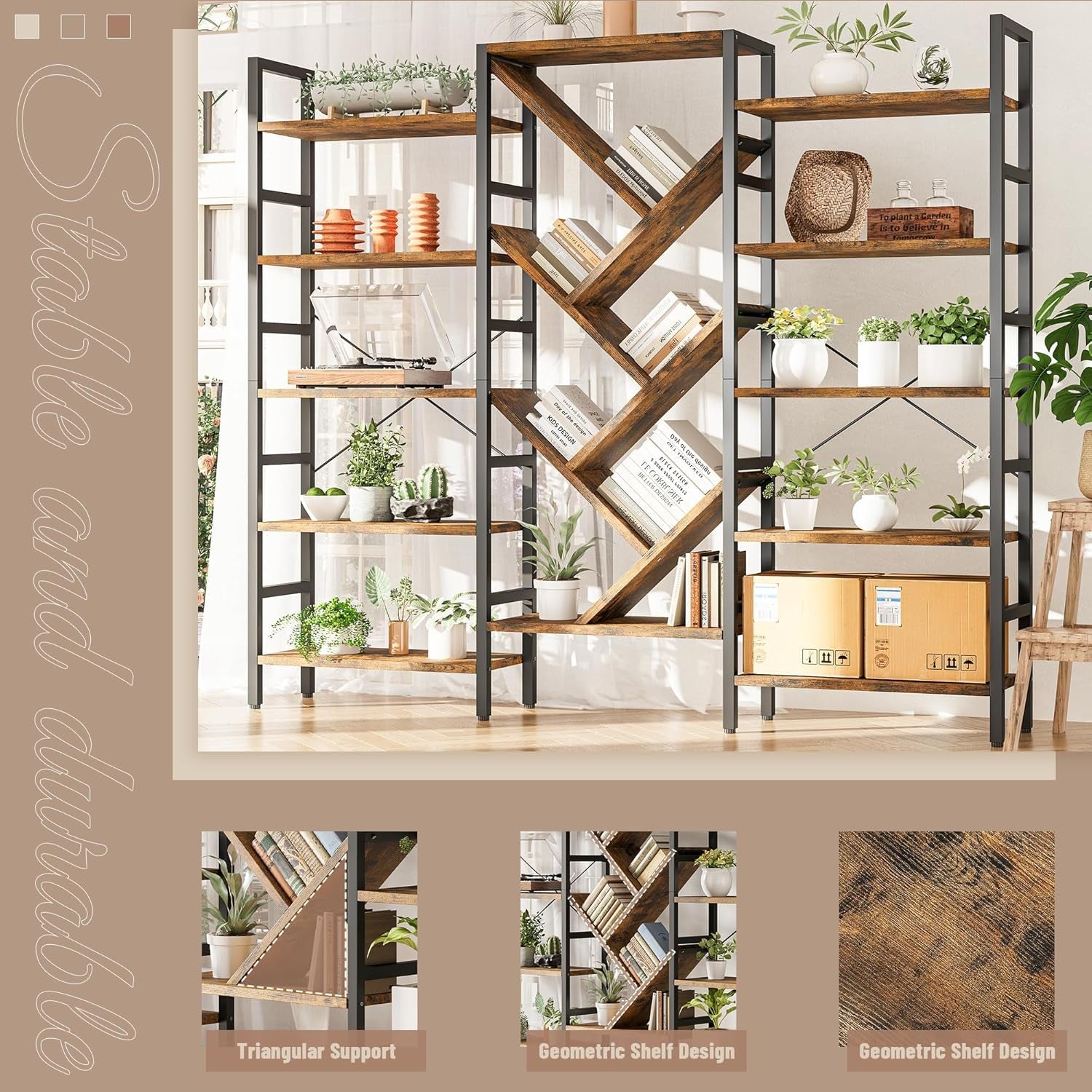 Rustic Brown Triple 5 Tier Wooden Bookcase With Metal Frame-4