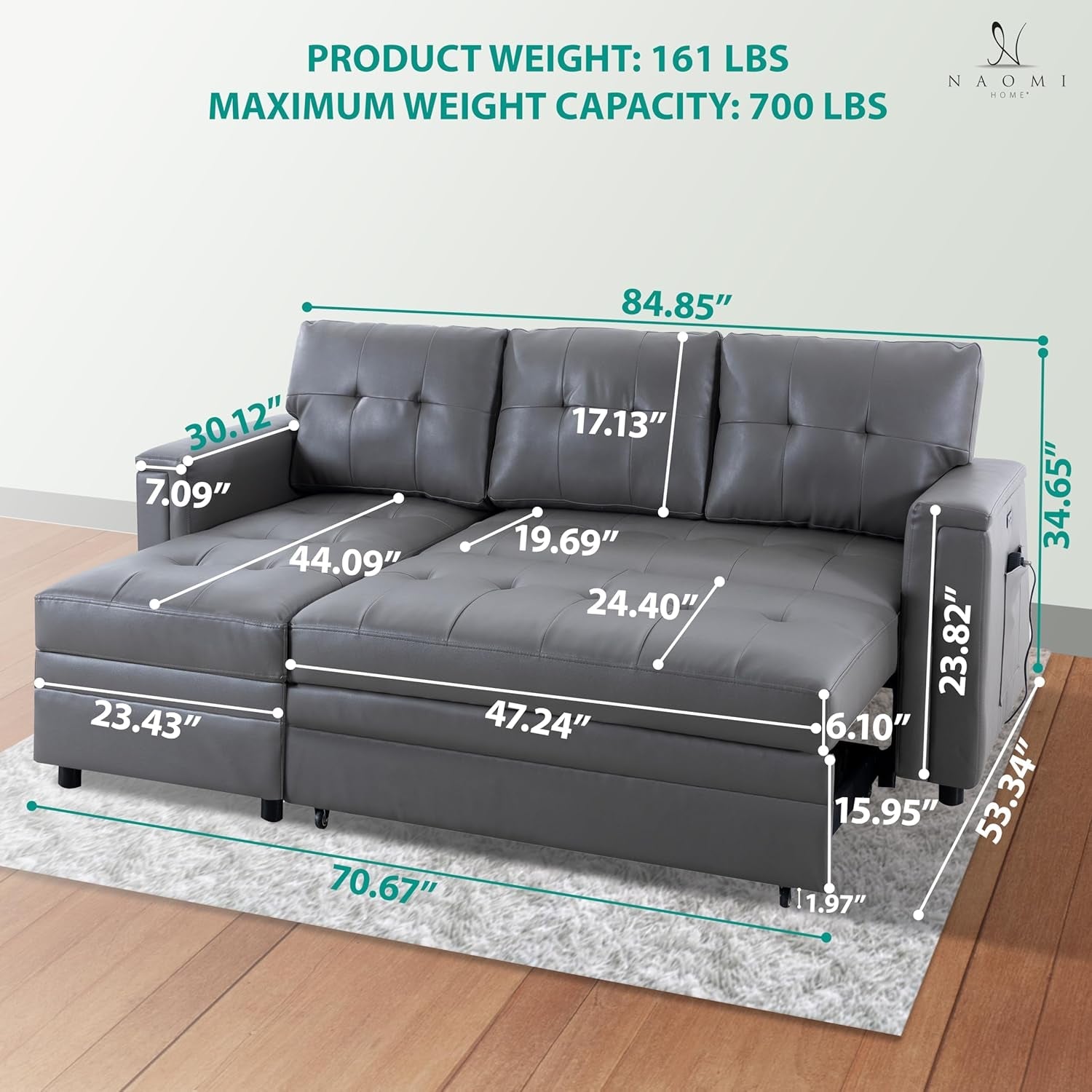 L Shaped Sectional Sleeper Sofa With USB Ports Gray Leather-1