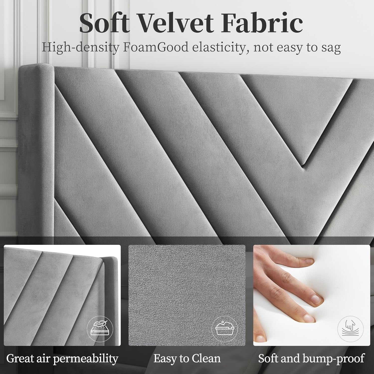 Queen Bed Frame Upholstered Platform Bed with Wing Side/Wooden Slat Support/Tufted Headboard with Wing Side/Mattress Foundation/No Box Spring Needed,Light Gray Queen Bed-4