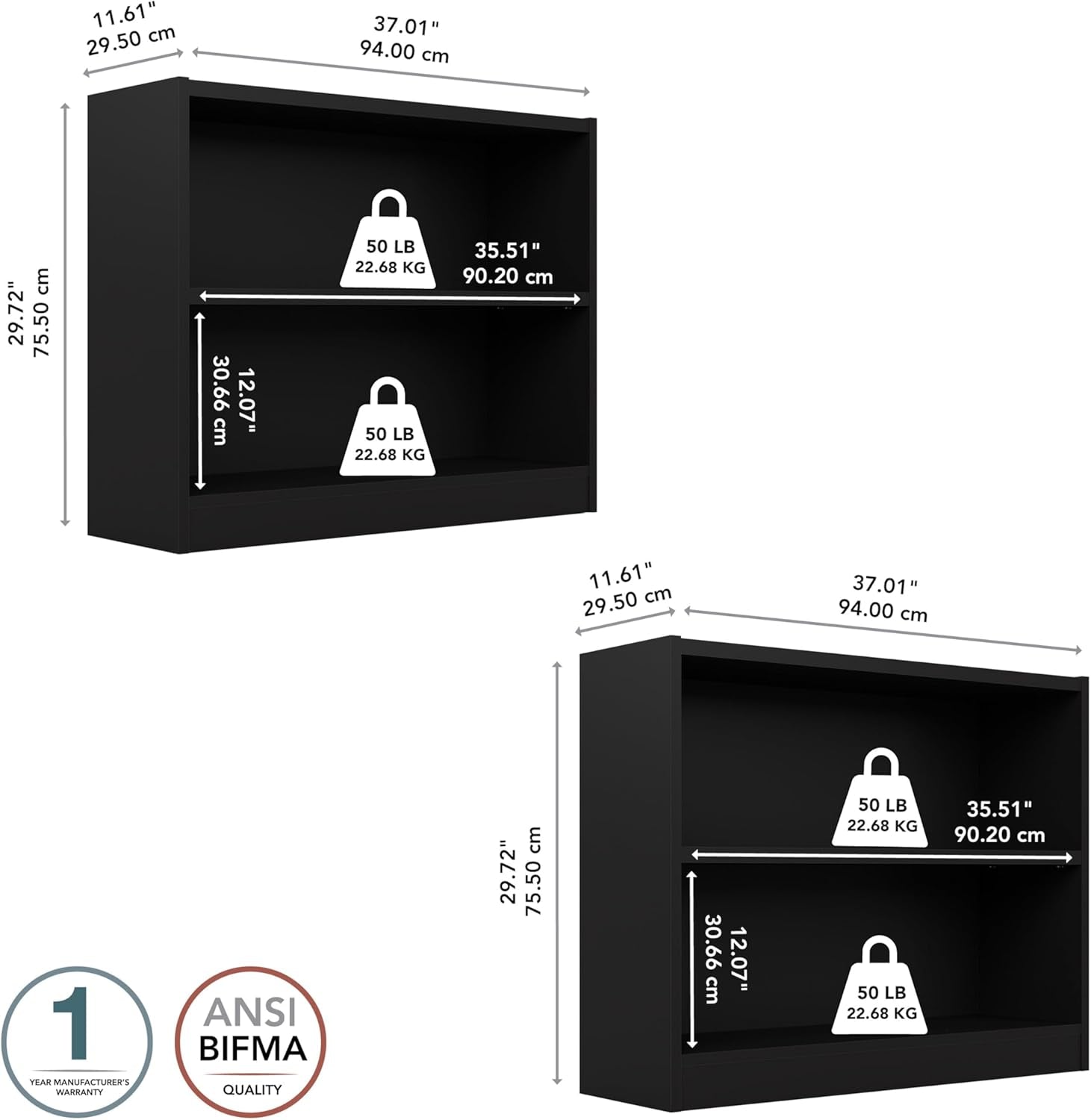 Universal Small 2 Shelf Bookcase Black Set of 2 Home Office-2