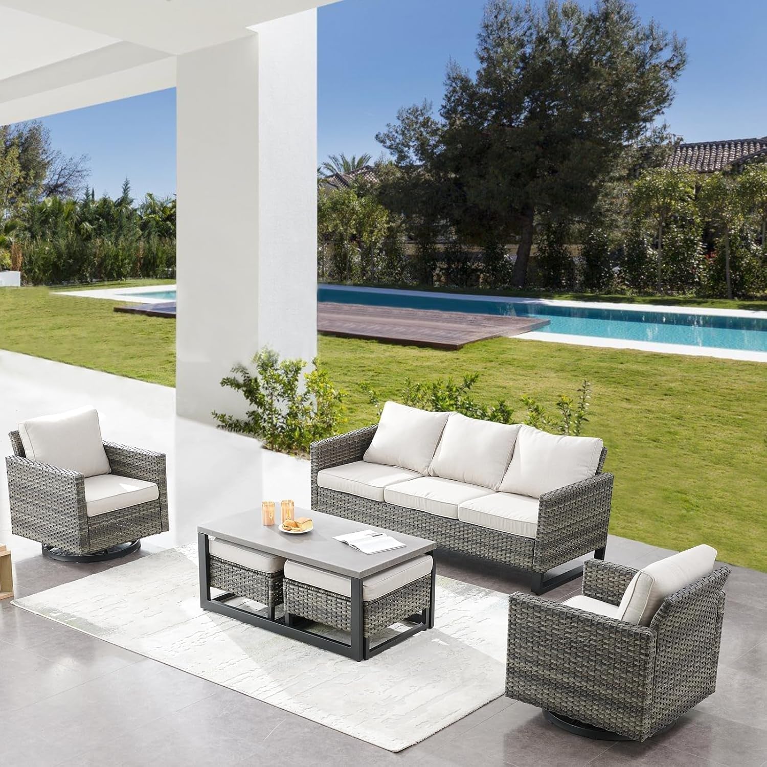 Oversize Outdoor Wicker Patio Sofa Set With Swivel Chairs-1