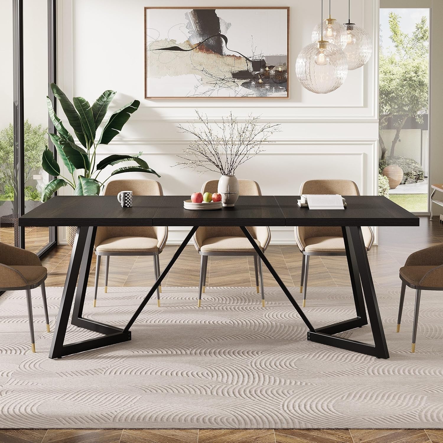 70.86-Inch Large Dining Table for 4-6, Modern Black Dining Room Table with Metal Frame, Rectangular Kitchen Dinner Table for Home Dining Room Family-0