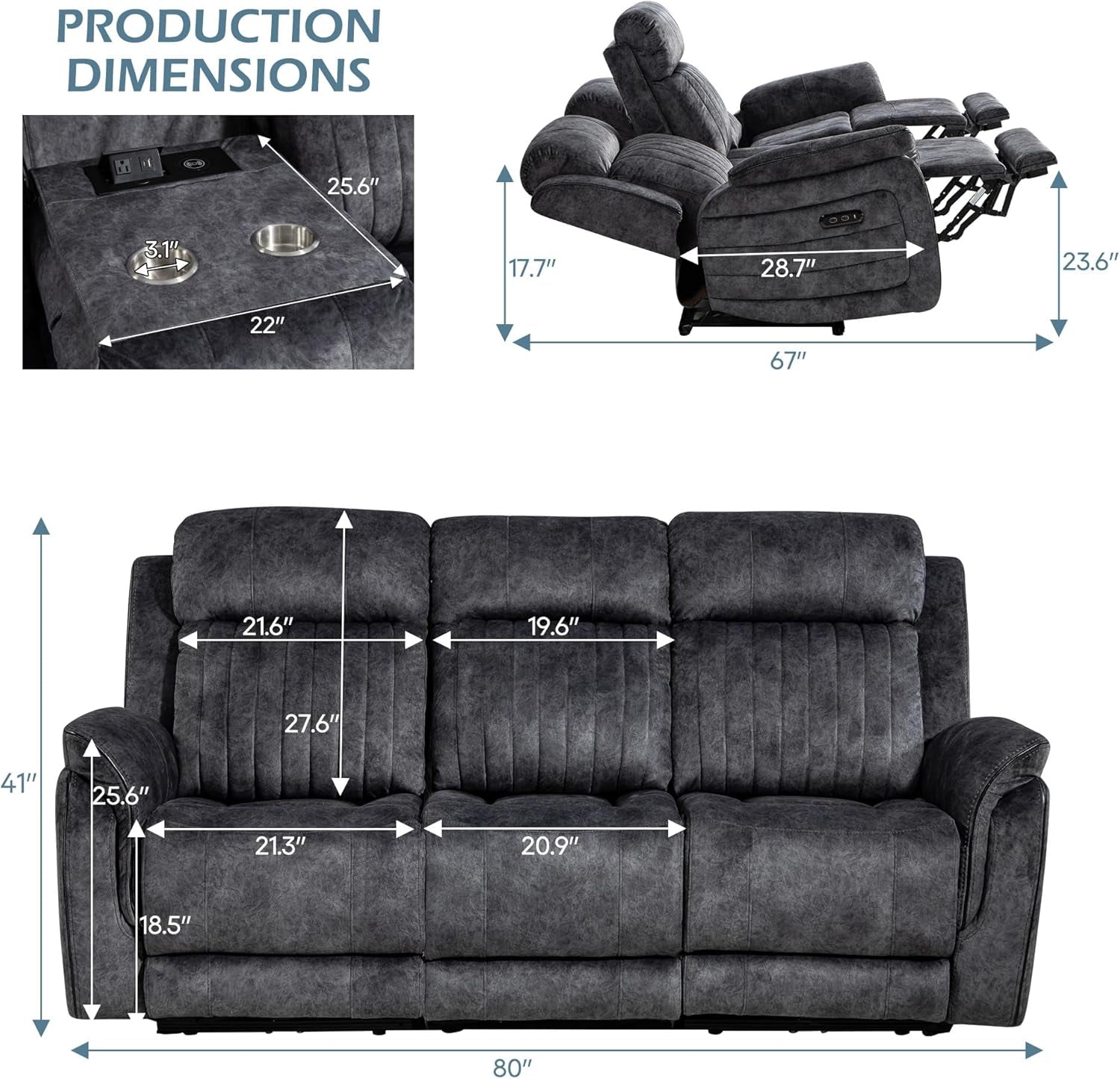 Zero Gravity Power Reclining Sofa with Adjustable Headrest, Electric Reclining Couch with Wireless Charge, Power Recliner Sofa Couch with Drop down Table,Cup Holder,Usb Ports (Grey)-1