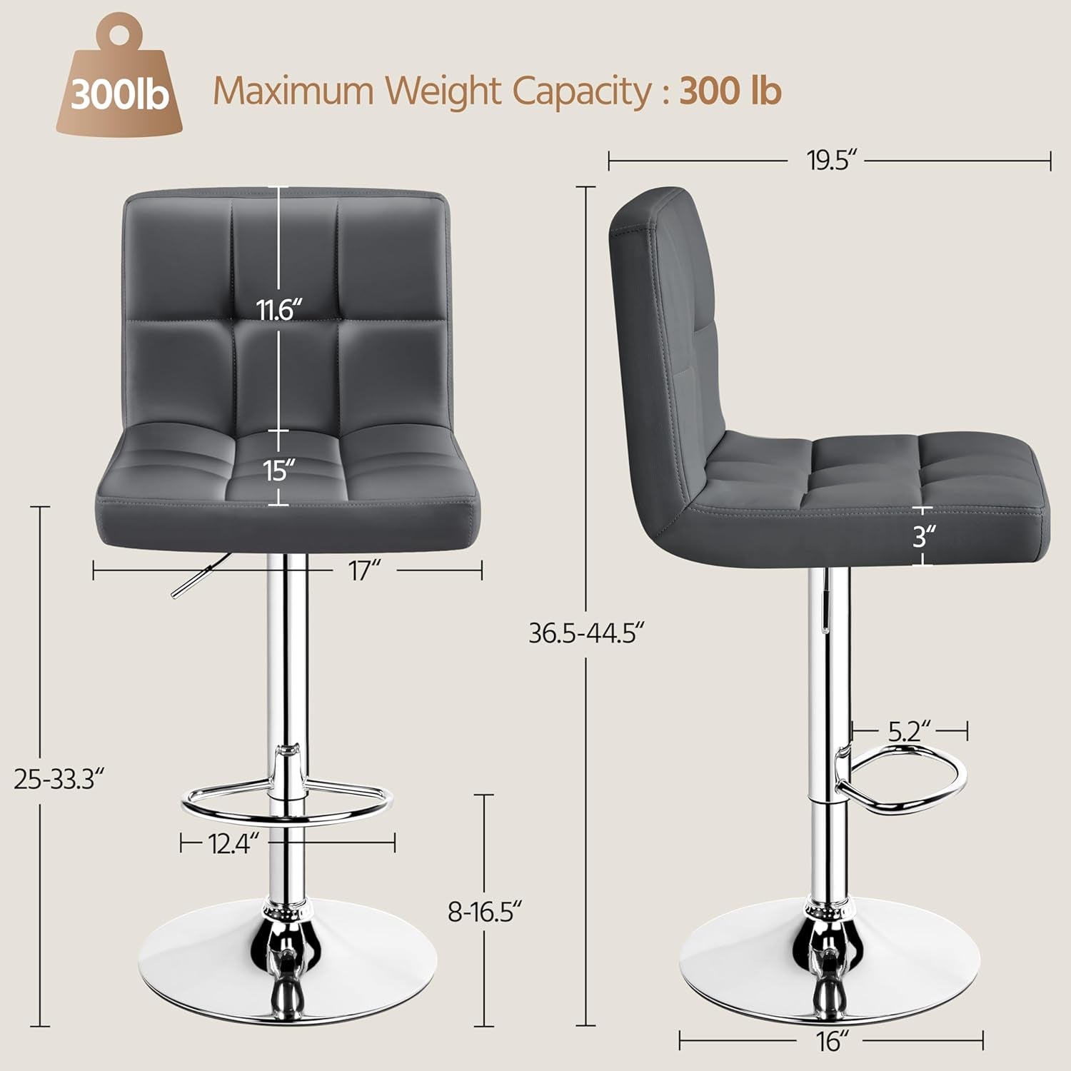 Bar Stools Set of 2, PU Leather Swivel Backrest, Gray-1