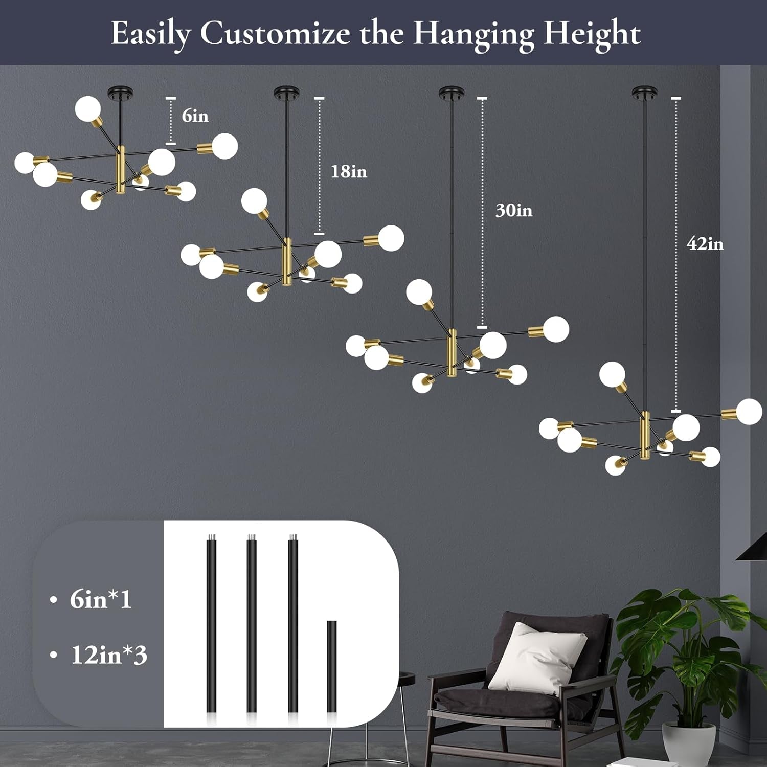 Eight Light Modern Sputnik Chandelier Black And Gold-2