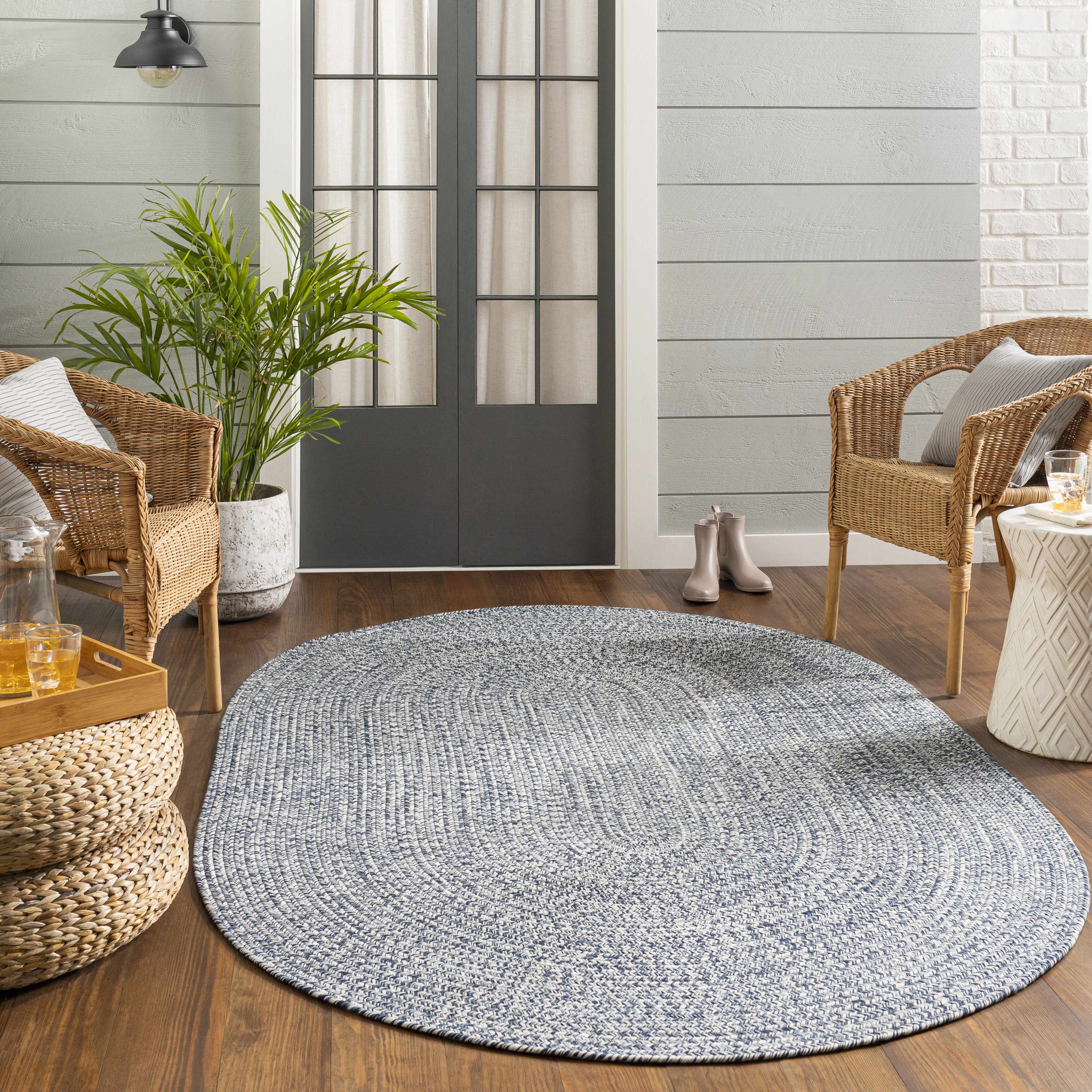 Blue Braided Faux Jute Outdoor Rug
